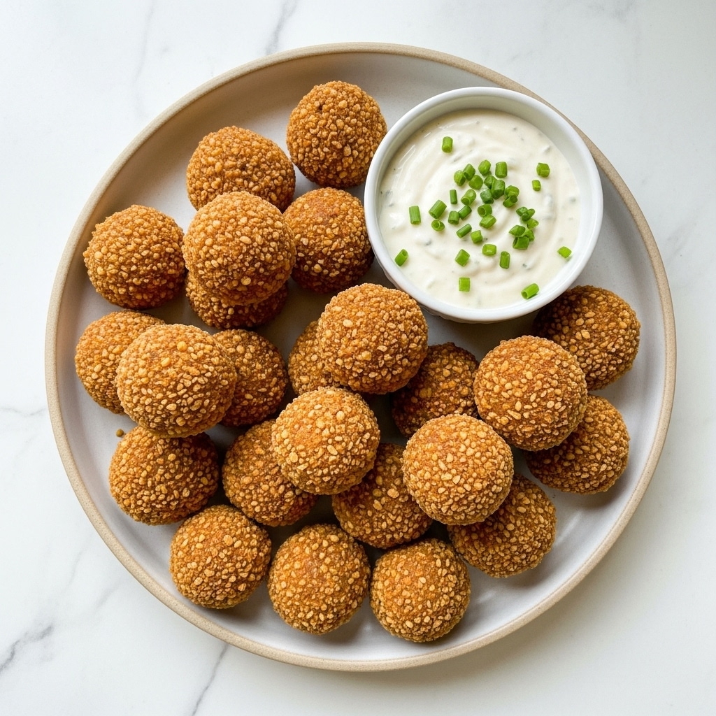 A light brown, white plate holds about twenty small, round, golden-brown crispy balls with a crunchy texture, arranged in a loose pile. To the upper right side of the plate, there is a small white bowl filled with thick white sauce topped with small green chive pieces, placed on a white marbled surface. photo taken with an iphone --ar 4:5 --v 7