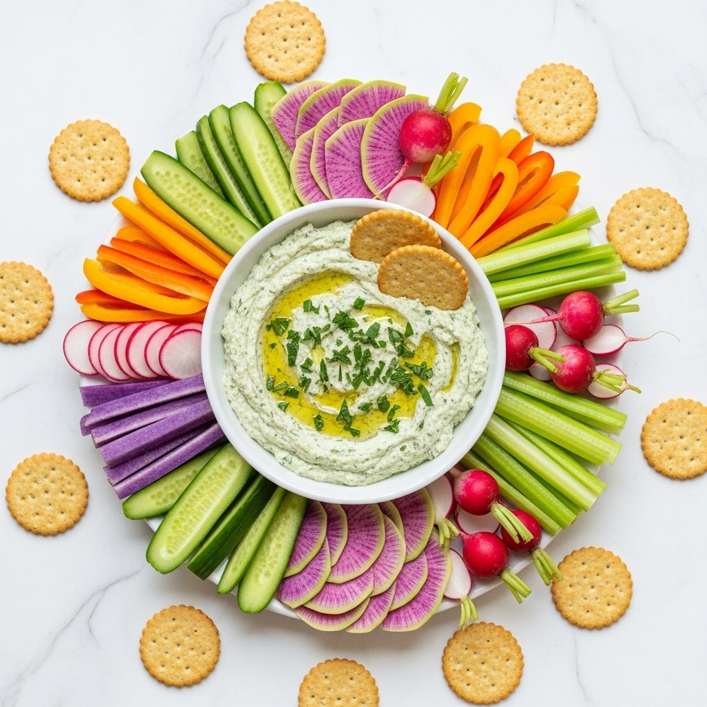 A white bowl filled with green herb dip topped with small bits of herbs and two round crackers resting on the edge, surrounded by an arranged circle of thinly sliced vegetables including cucumber, purple radish, pink radish, orange bell peppers, celery sticks, and whole radishes, all placed on a white marbled surface with more round crackers scattered around the bowl. Photo taken with an iphone --ar 4:5 --v 7