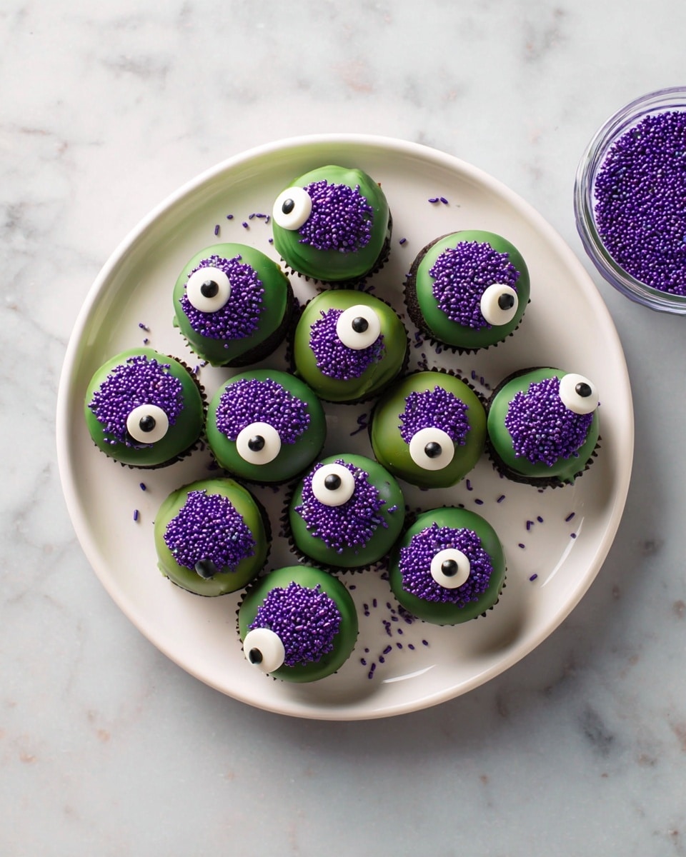 The image shows a white round plate on a white marbled surface filled with 16 small round treats covered in shiny green coating. Each treat has one large white candy eye with a black center placed near the top middle, surrounded by purple sprinkles that cover the top portion like hair. Around the plate, there are scattered orange, yellow, and brown candies, along with several black sandwich cookies and small Snickers bars. A small white bowl filled with purple sprinkles sits near the right edge of the plate. A woman's hand with orange painted nails is placing one of the treats on the plate. The background includes a purple cloth with more candies and cookies resting on it. photo taken with an iphone --ar 4:5 --v 7