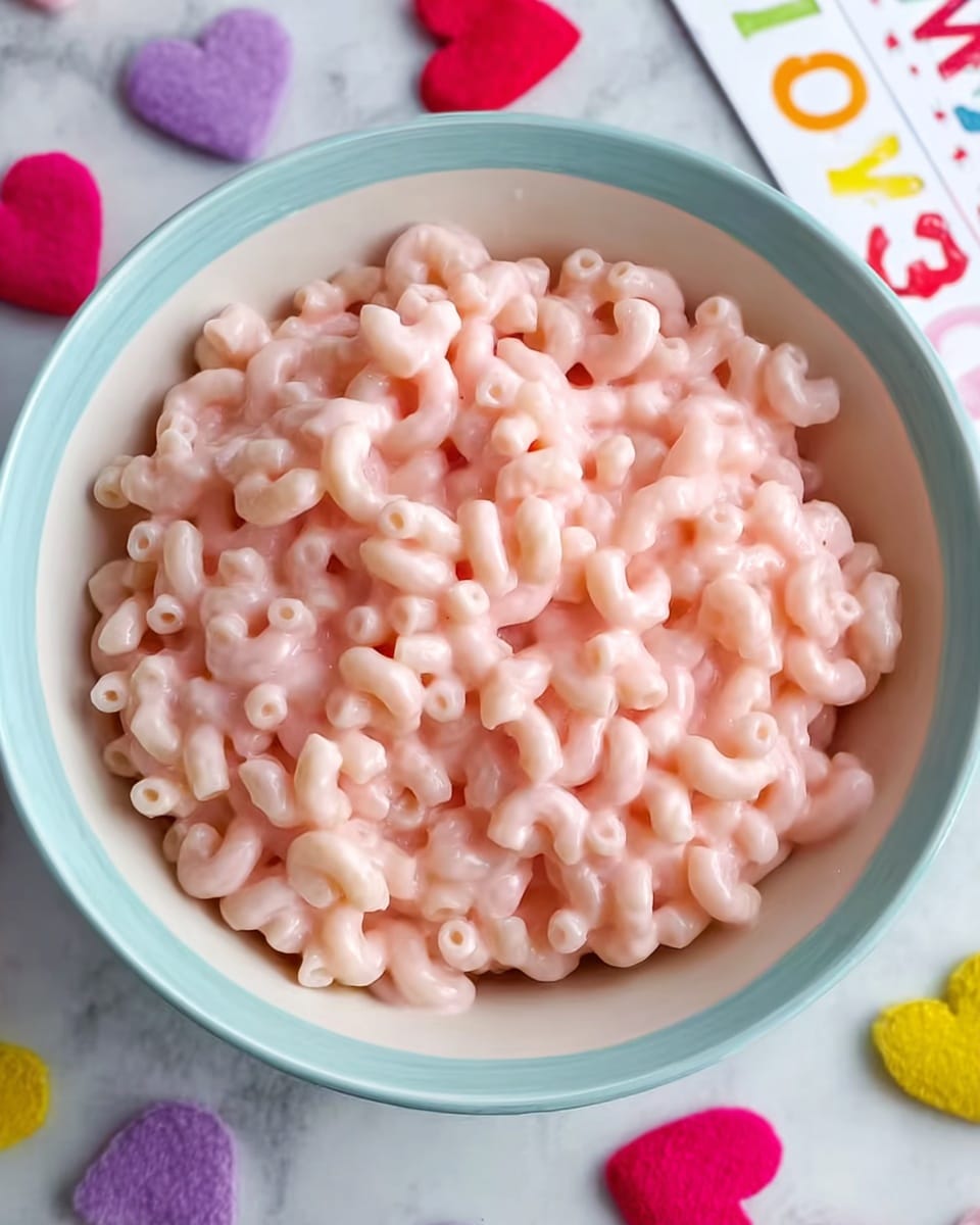 A close-up of a bowl filled with three layers of macaroni pasta coated in a thick, creamy light pink sauce, giving the dish a smooth and shiny texture. The bowl is white with a light blue outer rim, sitting on a white marbled surface. Around the bowl, there are small, colorful felt heart-shaped decorations in red, pink, purple, and yellow. At the top right corner, there is a colorful card with hearts and letters partially visible. Photo taken with an iphone --ar 4:5 --v 7