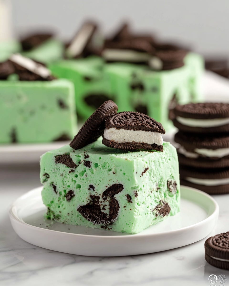 A slice of green mint fudge with embedded pieces of black and white sandwich cookies rests on a round white plate. The fudge has a smooth, dense texture with visible chunks of cookie throughout its bright green body. On top, there are larger pieces of broken sandwich cookies showing the dark chocolate outer layers and white cream filling. Behind the main slice, a round white plate holds the rest of the similarly layered mint fudge, and a stack of whole sandwich cookies sits blurred in the background on a white marbled surface. photo taken with an iphone --ar 4:5 --v 7