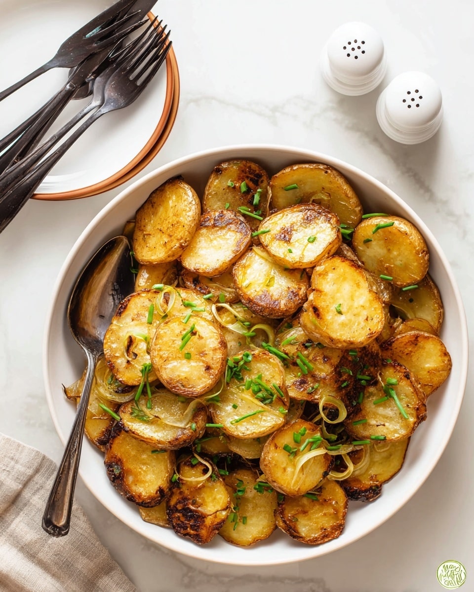 A white bowl filled with many slices of fried potatoes, each slice golden brown with crispy edges and some dark spots from cooking, layered unevenly and topped with small green chive pieces and thin golden onion slices. A silver spoon rests inside the bowl on the left side. Near the bowl, there is a small round white plate with a thin brown rim holding four dark metal forks, and above the bowl are white salt and pepper shakers. The surface under everything has a white marbled texture. Photo taken with an iphone --ar 4:5 --v 7