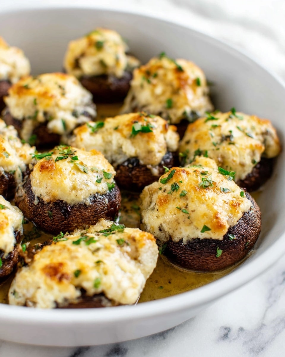 The image shows a white oval baking dish filled with dark brown mushroom caps topped with a fluffy, golden-browned, creamy white cheese filling. Each stuffed mushroom is garnished with small pieces of green herbs, scattered across the creamy cheese topping and the cooking juices pooled at the bottom of the dish. The mushrooms are arranged close together, filling most of the dish, which sits on a white marbled surface. Photo taken with an iphone --ar 4:5 --v 7