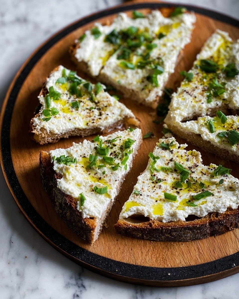 A close-up of toasted brown bread slices arranged on a round wooden board, each slice layered with a thick, creamy white spread. The spread is topped with drizzles of golden olive oil, small chopped green herbs scattered evenly, and a light sprinkle of black pepper. The toast edges are browned and crispy, with the board set against a white marbled surface. photo taken with an iphone --ar 4:5 --v 7