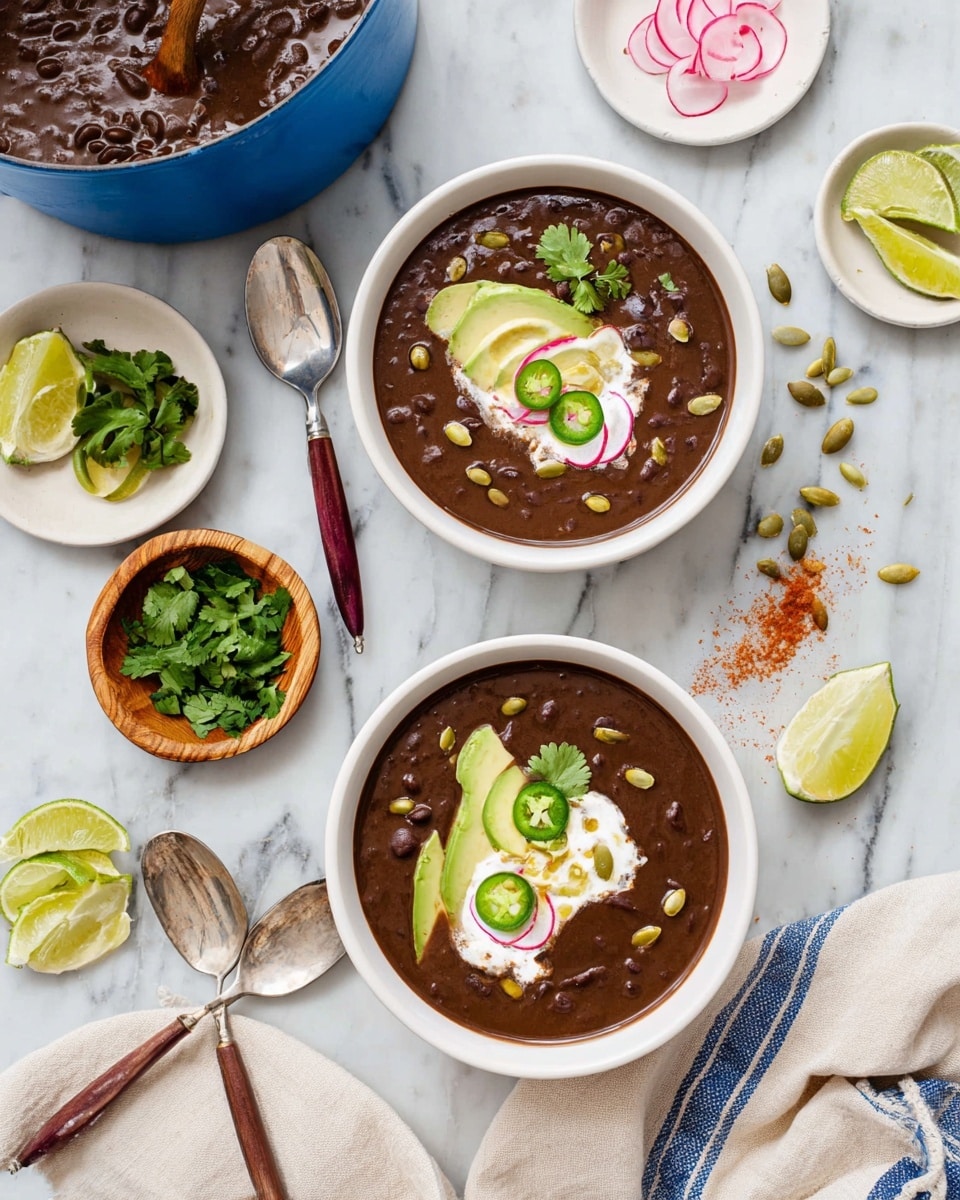 Two white bowls filled with dark brown black bean soup are placed on a white marbled surface. Each bowl has a layer of dark soup topped with a dollop of white cream in the center, bright green avocado slices on the right side, pink pickled onions arranged in a small swirl near the cream, green jalapeno slices scattered on top, and a few green pumpkin seeds sprinkled across. Fresh green cilantro leaves decorate the soup near the cream. A spoon with a brown handle rests inside the front bowl. Around the bowls, there are lime wedges, a small white plate with more pumpkin seeds, a small white plate with cilantro, a small wooden bowl with sliced jalapenos, and two silver spoons beside a white cloth with blue stripes. A blue pot filled with the black bean soup is also visible, with a wooden spoon inside. Photo taken with an iphone --ar 4:5 --v 7