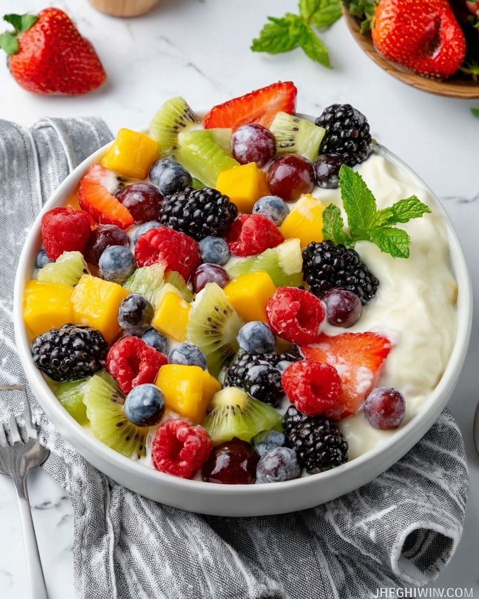 A white bowl filled with a colorful fruit salad layered with creamy yogurt on the right side; the salad includes bright red strawberries sliced in half, juicy blackberries, plump blueberries, dark purple grapes, fresh green kiwi slices, yellow mango cubes, and red raspberries scattered on top and mixed throughout, giving the dish a fresh and vibrant look. The fruits sit on a base layer of creamy, smooth yogurt blending slightly with the fruit juices. A sprig of fresh green mint leaves is placed on the yogurt side for a pop of color. The bowl is set on a white marbled surface, with a gray and white striped cloth partially visible underneath. Photo taken with an iphone --ar 4:5 --v 7
