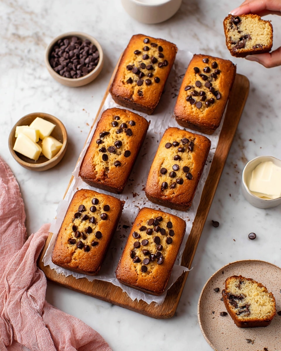 The image shows six golden brown mini rectangular cakes on a wooden board lined with white parchment paper. Each cake is topped with many dark chocolate chips that are slightly melted into the soft texture. One cake is broken in half in the bottom right corner, revealing a moist inside full of chocolate chips. A woman's hand holds a half-eaten piece in the top left. Surrounding the board are a small white bowl of chocolate chips, a white bowl with cream, a pink cloth, and a white bowl with butter chunks, all placed on a white marbled surface. photo taken with an iphone --ar 4:5 --v 7