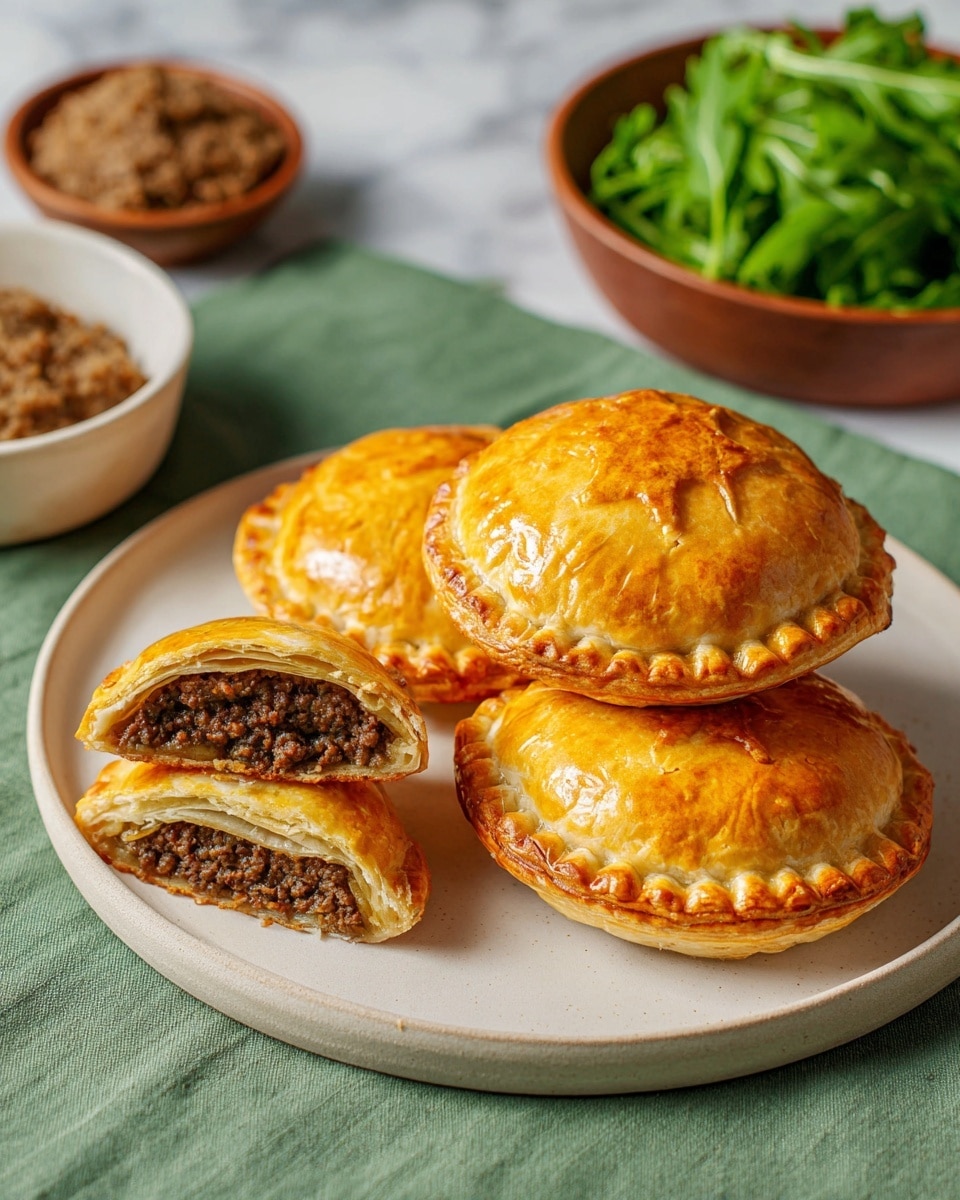 A white round plate holds four golden-brown baked pastries with a shiny, flaky crust and scalloped edges, stacked slightly on top of each other. One pastry is cut in half and placed on top, revealing a dense, dark brown minced meat filling inside with a layered, crispy pastry shell. Surrounding the plate, there is a small white bowl filled with a coarse, dark brown spread, and a brown bowl of fresh green arugula leaves in the background. All these are placed on a soft green cloth over a white marbled surface. Photo taken with an iphone --ar 4:5 --v 7