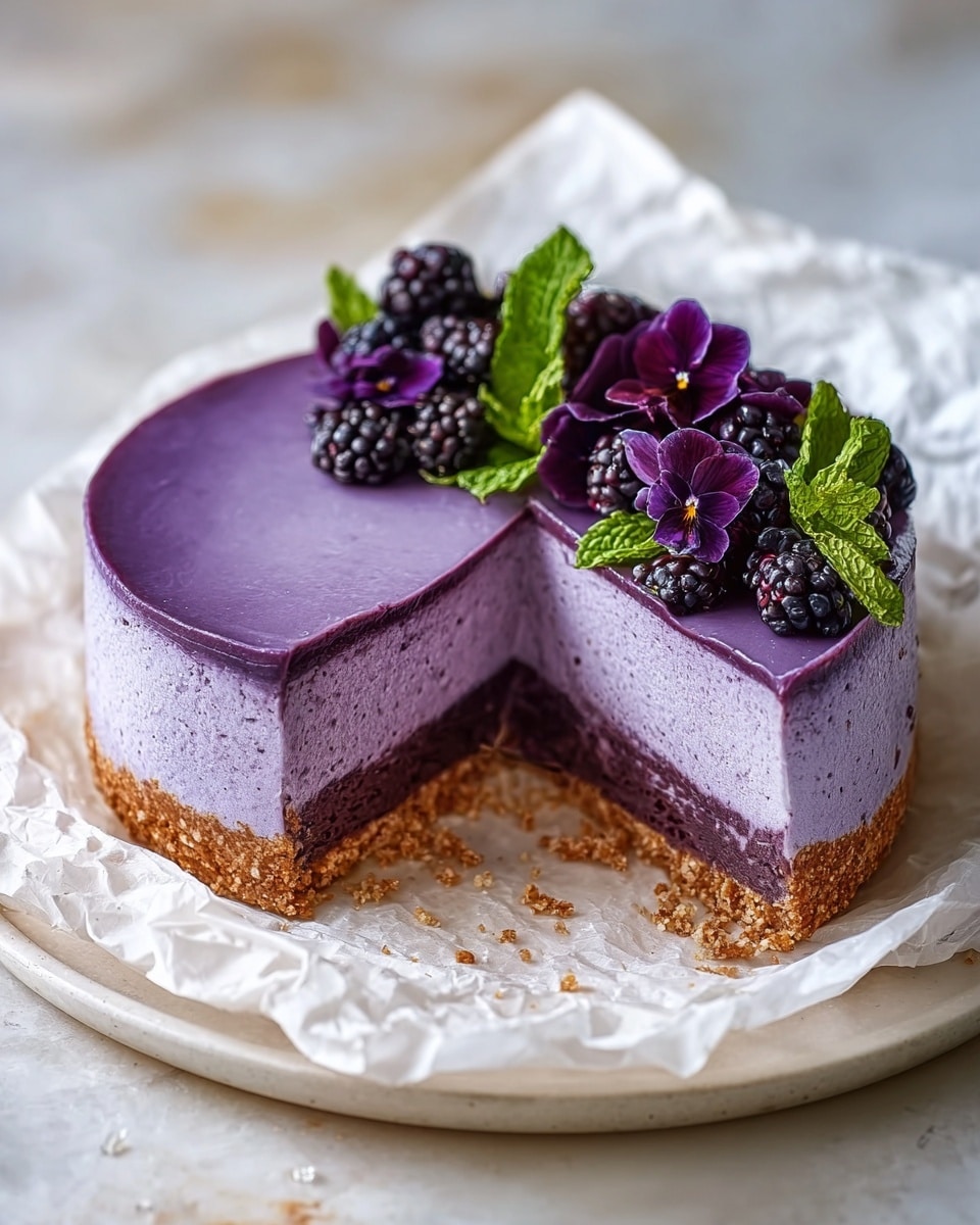 A round, three-layered purple mousse cake sits on crumpled parchment paper over a white plate on a white marbled surface. The bottom layer is a crumbly light brown crust, the middle layer is a dark chocolate brown, and the top layer is a glossy, smooth light purple mousse spread evenly. The cake has one slice removed showing the creamy texture inside. On top, there is a decoration of dark purple edible flowers and bright green mint leaves arranged on one side with a few blackberries nearby. Photo taken with an iphone --ar 4:5 --v 7