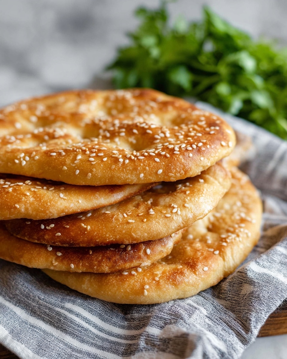 A close-up view of five round, golden-brown flatbreads sprinkled with sesame seeds, stacked unevenly on top of each other on a white and gray striped cloth. The flatbreads have a shiny, slightly glossy texture with a pattern of small dimples across their surface. In the blurred background, bright green fresh herbs add a pop of color, all set against a white marbled texture. photo taken with an iphone --ar 4:5 --v 7