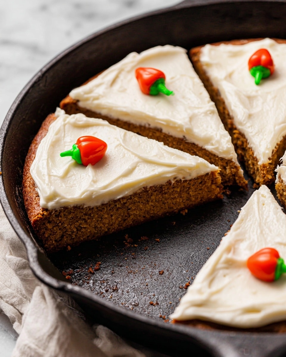 The image shows a brown baked cake with a textured surface, divided into several slices inside a black cast iron pan. Each slice has one thick, smooth layer of white frosting on top with soft swirls. On top of the frosting, near the wider edge of each slice, there are two small dollops of icing; one red shaped like a bell pepper and one round green one next to it, resembling a stem. The pan rests on a folded white cloth over a white marbled texture. Photo taken with an iphone --ar 4:5 --v 7
