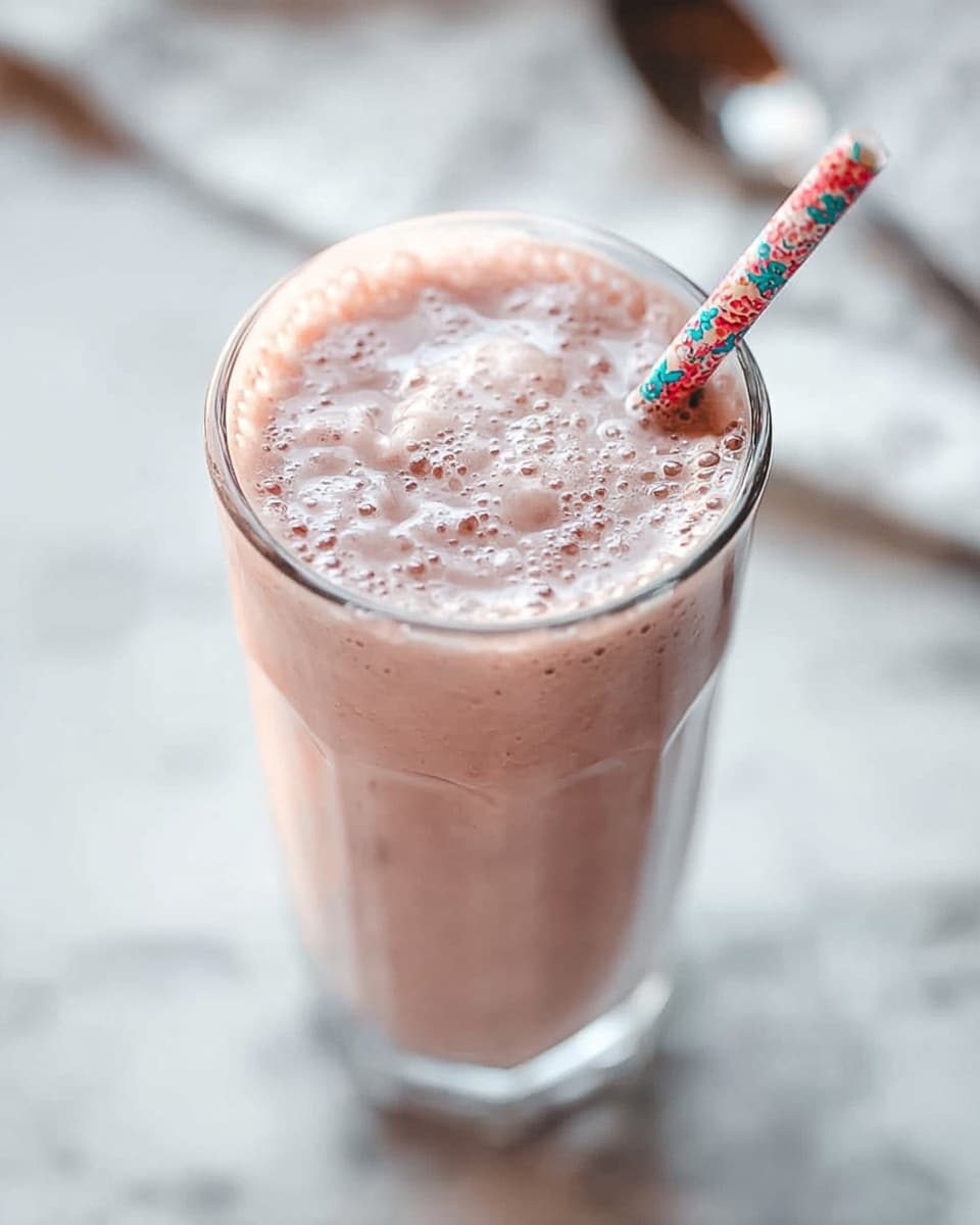 A tall clear glass filled with a light pink smoothie that has a thick, frothy texture on top with small bubbles and uneven surface. A colorful floral patterned straw is placed inside the drink, slightly angled to the right. The glass sits on a white marbled surface with soft light creating gentle reflections. In the background, a blurred spoon is visible, enhancing the focus on the smoothie. photo taken with an iphone --ar 4:5 --v 7