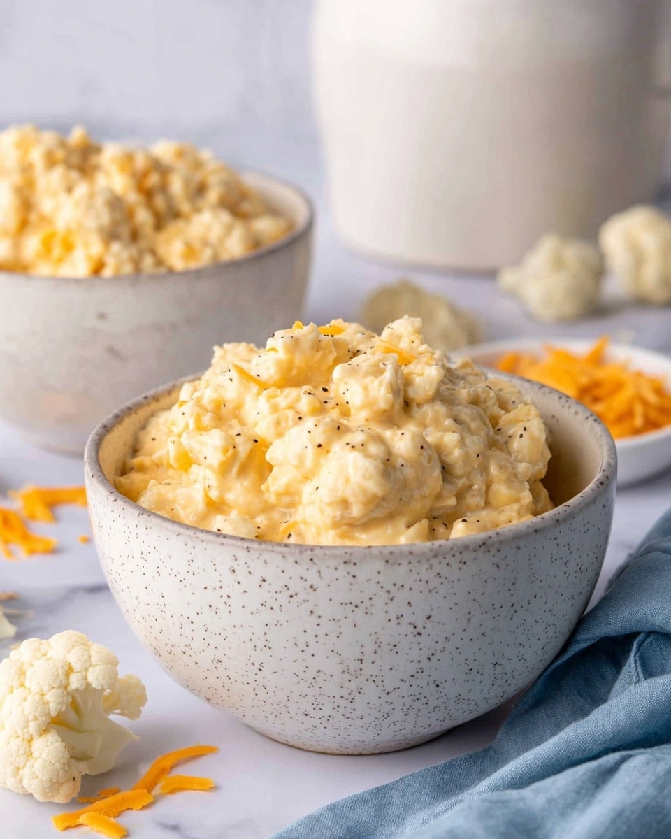 The image shows two white speckled bowls filled with a creamy, chunky mixture that is light yellow with small black pepper specks. The mixture looks thick and has a soft, cheesy texture. Around the bowls on the white marbled surface are small pieces of cauliflower and a few thin orange cheese shreds scattered nearby. A light blue cloth is folded next to the front bowl. The background is softly blurred with a large white ceramic container partially visible. photo taken with an iphone --ar 4:5 --v 7