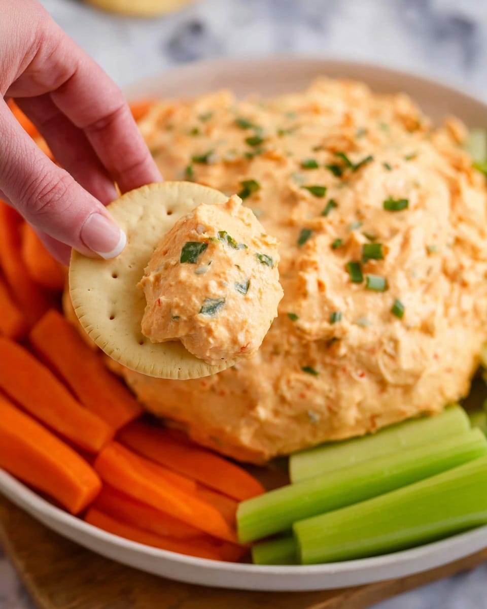 A close-up image of a round white plate filled with a thick, creamy orange dip sprinkled with small green herb pieces, surrounded by bright orange carrot sticks and light green celery sticks. In the foreground, a woman's hand holds a round, pale yellow cracker with a scoop of the dip topped with small green herb bits. The dip has a smooth and slightly chunky texture. The background features a white marbled surface. Photo taken with an iphone --ar 4:5 --v 7