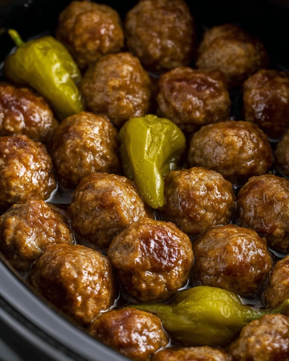 This image shows a close-up of many small, round meatballs in a black slow cooker. The meatballs are brown with a glossy cooked texture, piled up and covering the whole visible inside of the cooker. Among the meatballs, there are several whole green peppers, which have a smooth and slightly shiny surface. The image focuses tightly on the meatballs and peppers, highlighting their moist and cooked appearance. The background is not visible because of the close-up view. photo taken with an iphone --ar 4:5 --v 7