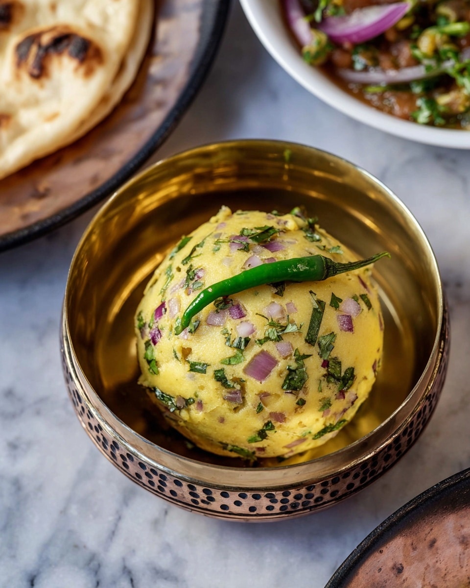 A round ball of yellow, soft dough mixed with small pieces of green herbs and purple onion chunks sits centered inside a golden metal bowl with dotted edges. On top of the dough ball lies a single, long, fresh green chili. The background shows parts of other dishes with a flatbread partly visible on a white plate, and everything rests on a white marbled surface. photo taken with an iphone --ar 4:5 --v 7