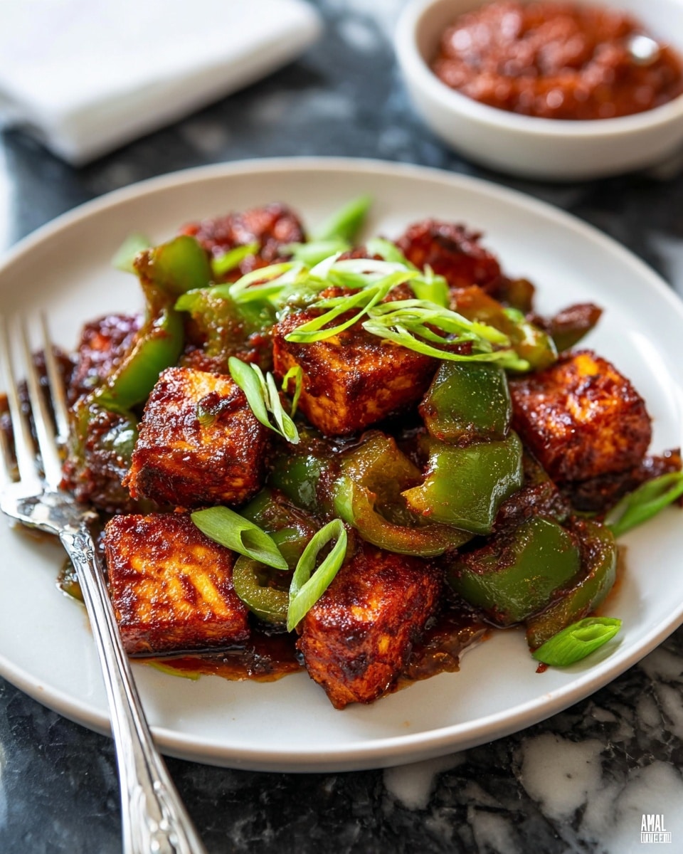 The dish is served on a white plate and shows several chunks of crispy, reddish-brown fried tofu mixed with glossy green bell pepper pieces. The tofu and peppers are coated in a dark, sticky sauce that gives a shiny texture. Thin slices of fresh green onions are sprinkled on top, adding a bright green color contrast. A fork with a silver handle rests on the edge of the plate. In the background, there is a blurred small white bowl filled with a chunky red sauce on a white marbled surface. photo taken with an iphone --ar 4:5 --v 7