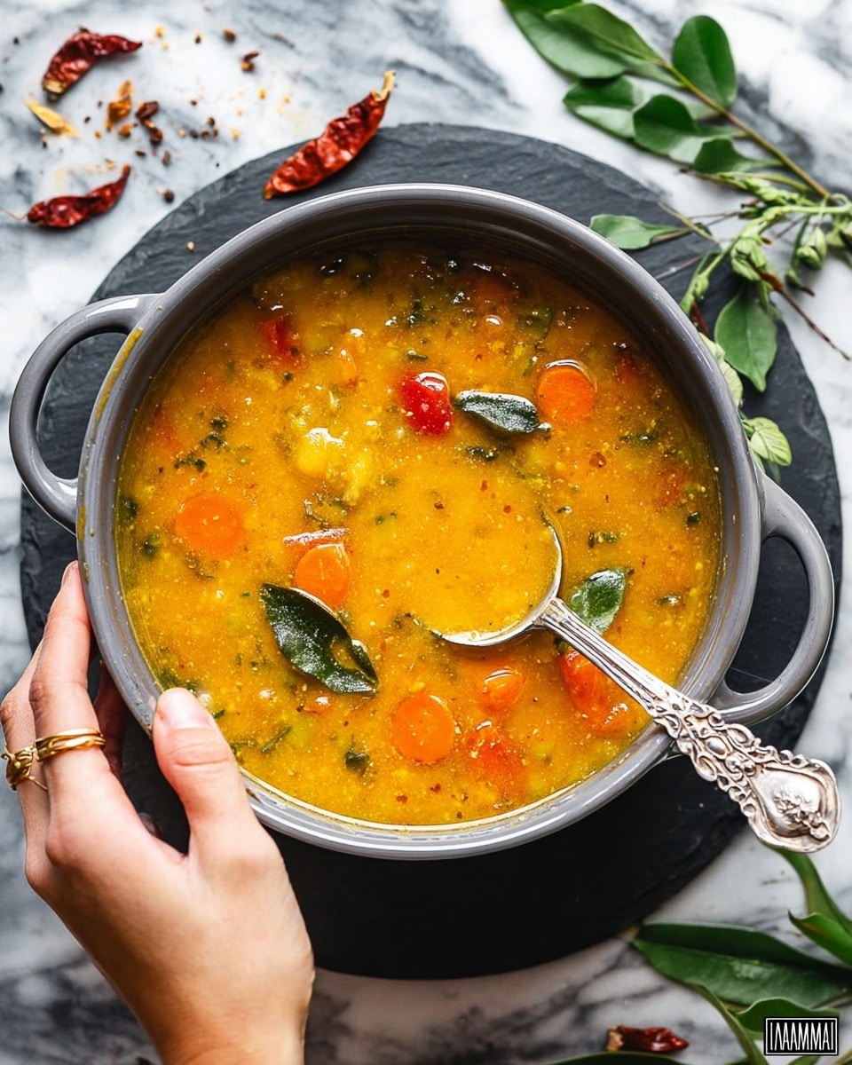 A gray pot with two handles is held by a woman's hand, filled with thick, yellow-orange soup that has visible chunks of orange carrot slices and small pieces of tomato, along with a few green herbs and leaves floating on top. The texture of the soup looks smooth but chunky, with some herbs scattered across the surface. The pot is placed on a round slate board on a white marbled surface, with some green leaves and small pieces of dried red chili around it. A woman's hand holds an ornate silver spoon inside the pot, ready to scoop the soup. Photo taken with an iphone --ar 4:5 --v 7