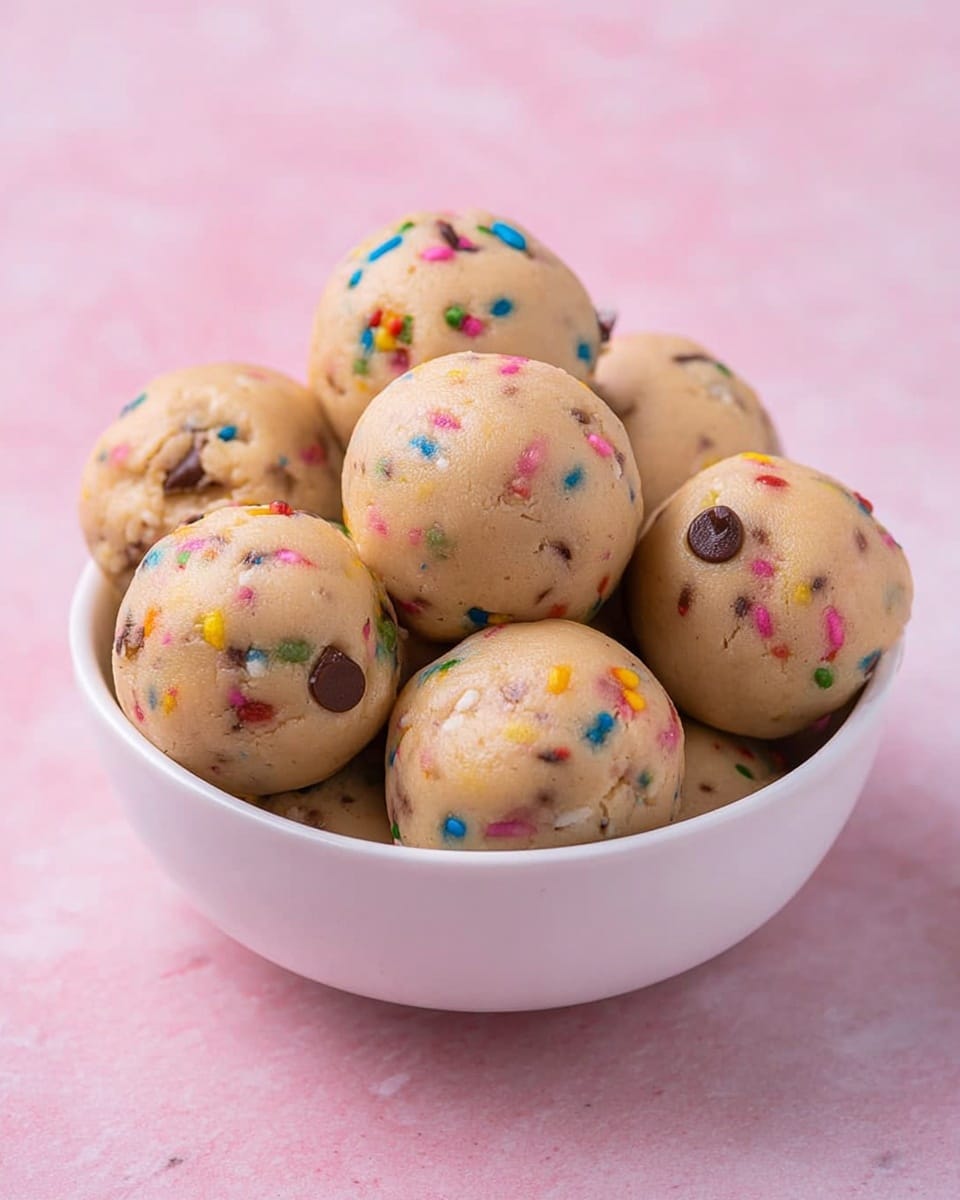A close-up image of a white bowl filled with round dessert dough balls that have a light beige color mixed with small colorful sprinkles and some chocolate chips scattered throughout. The dough balls have a smooth texture and are piled on top of each other, showing varying sizes and slight irregularities. The bowl sits on a white marbled surface with a soft pink background. photo taken with an iphone --ar 4:5 --v 7