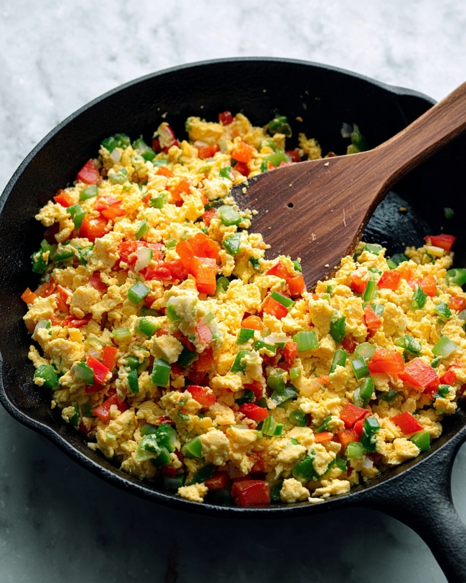The dish is served on a smooth black plate set on a white marbled surface. It has three main layers: the base is bright yellow scrambled eggs with a soft, slightly fluffy texture, scattered unevenly across the plate. Mixed in are small pieces of red bell pepper, adding vibrant red color and a slightly crisp texture. On top are dollops of white cottage cheese, soft and crumbly, contrasting with the eggs and peppers. The whole dish is garnished with finely chopped fresh green herbs, giving a fresh and colorful finish. Photo taken with an iphone --ar 4:5 --v 7