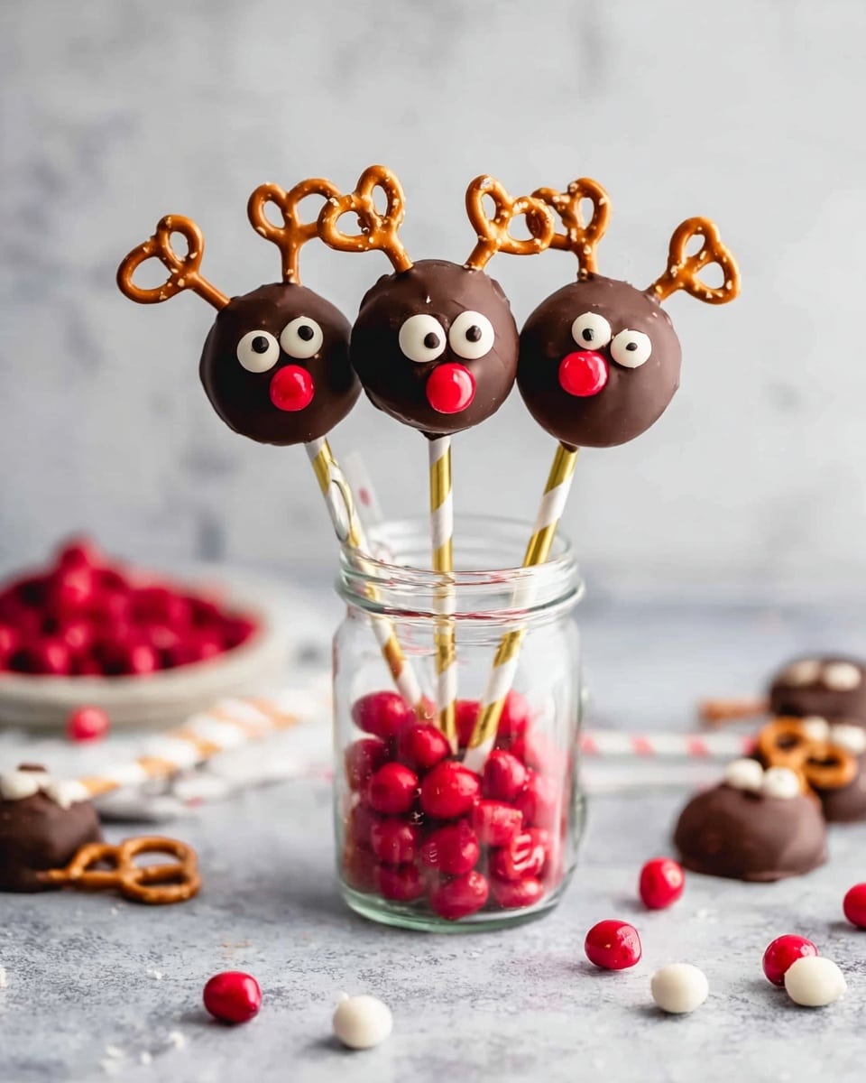 The image shows three round chocolate-covered treats on sticks, standing upright in a clear glass jar filled with small red candies. Each treat has two small pretzel pieces attached at the top as antlers, two white candy eyes with black centers near the top center, and a small round red candy near the bottom center to look like a nose. The sticks are paper straws, two in gold and one red-and-white striped. Around the jar are scattered small white candy eyes, red candies, and more chocolate-covered round treats with pretzels and candy eyes, lying flat on a light grey surface with a white marbled background in soft focus. Photo taken with an iphone --ar 4:5 --v 7