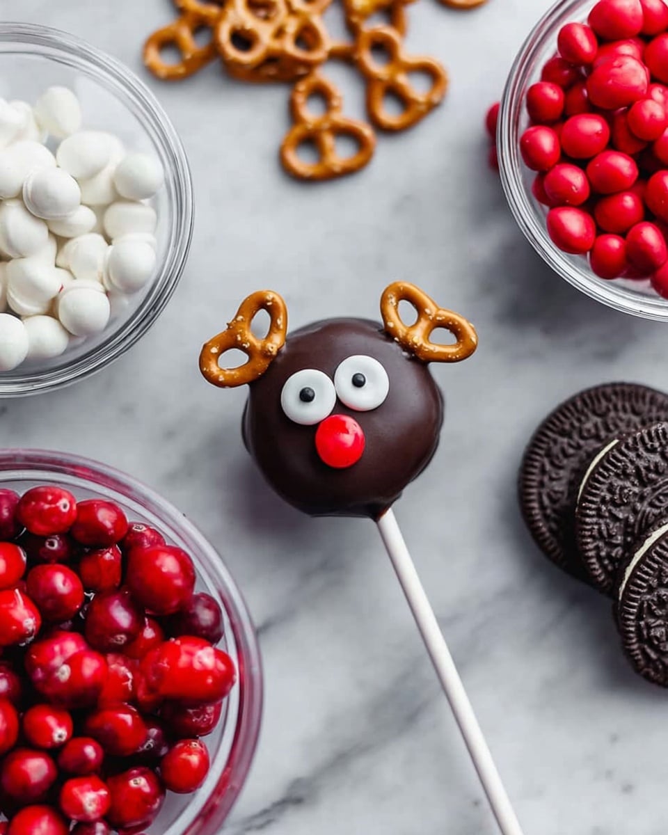 A close-up view of a single reindeer cookie pop on a white stick resting on a white marbled surface, with the cookie forming the head coated in shiny dark brown chocolate, decorated with two small round white eyes with black pupils and a small round red candy nose in the center. Two small pretzels in golden brown take the place of antlers positioned on top of the cookie, giving texture and color contrast. Surrounding the cookie pop are clumps of white candy eyeballs in a small clear bowl to the left and a clear bowl filled with bright red round candies to the right. Behind the cookie pop, there is a small pile of round sandwich cookies with cream filling in white and dark brown, and scattered mini pretzels on the surface. The entire scene is set on a white marbled textured background. photo taken with an iphone --ar 4:5 --v 7