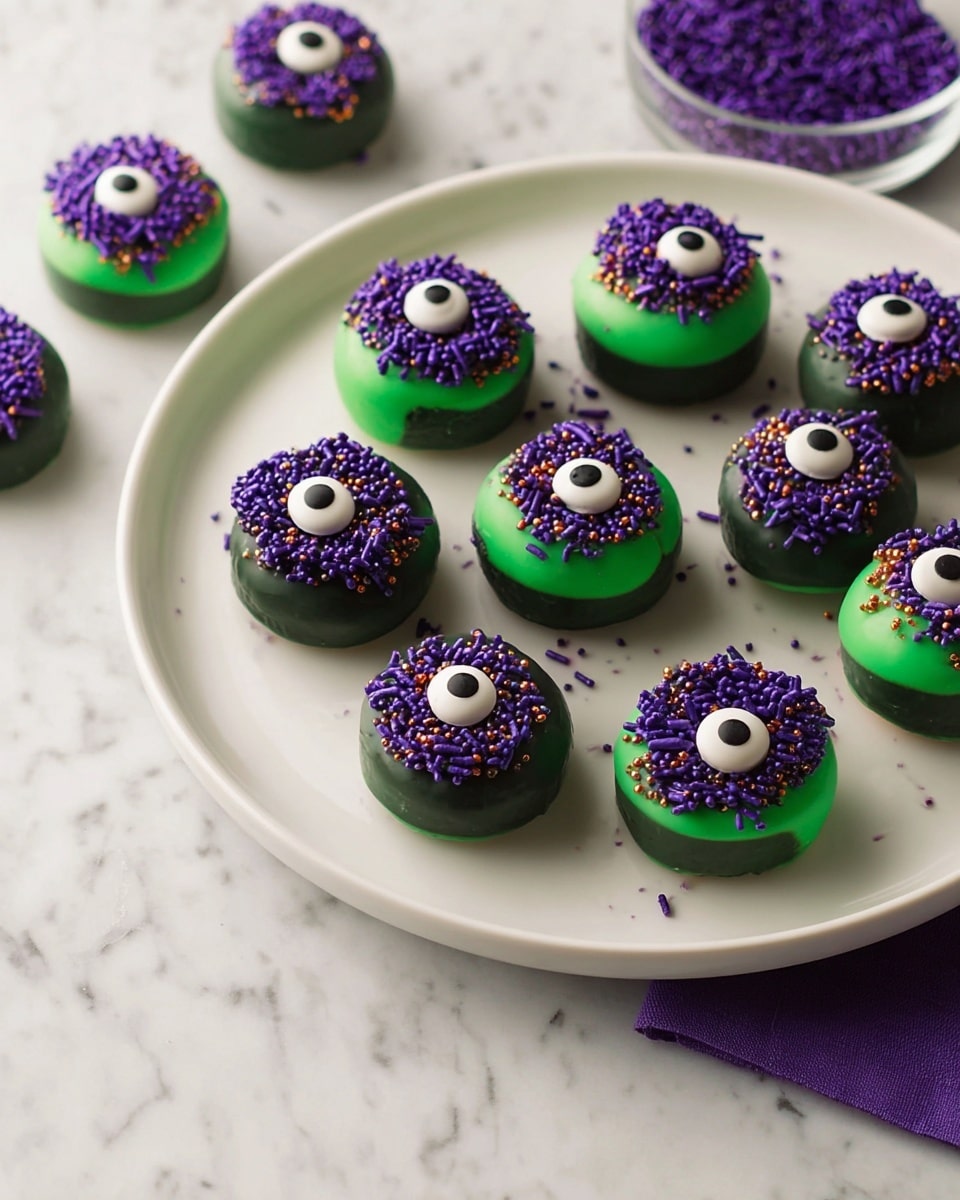 The image shows several small round treats arranged on a white plate. Each treat has a smooth, dark green outer layer with a shiny texture. At the top of each treat, there are small purple sprinkles covering about a third of the surface. Each piece also has a white circular candy designed like an eye, with a black dot in the center, placed on the side. The plate is placed on a white marbled surface. photo taken with an iphone --ar 4:5 --v 7