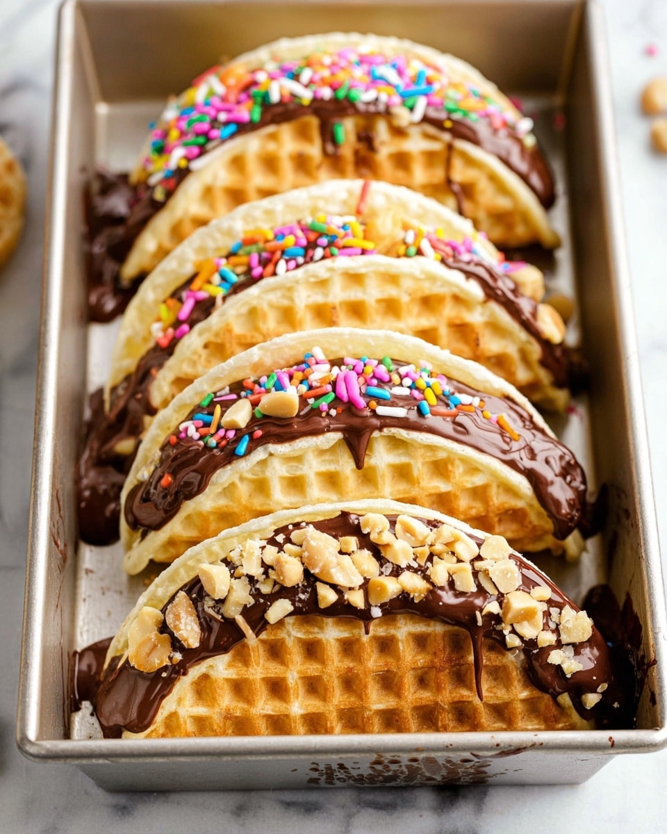 The image shows four folded waffle taco shells arranged in a row inside a silver baking pan on a white marbled surface. Each waffle shell has a golden-brown crispy texture and is dipped on one side in dark chocolate. Two of the waffle shells are topped with colorful sprinkles on the chocolate layer, showing small pink, green, blue, yellow, white, and orange bits. The other two waffle shells are sprinkled with chopped peanuts on the chocolate side, creating a rough texture contrast with the smooth chocolate. The pan has some chocolate drips on the edges, adding to the visual appeal. Photo taken with an iphone --ar 4:5 --v 7