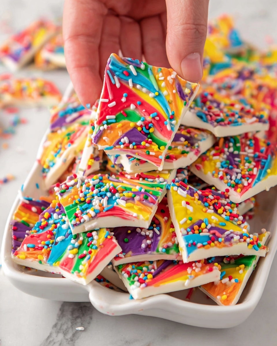 A close-up shows a woman's hand holding a piece of colorful bark candy broken from a larger pile in a white dish. The candy has one solid base layer of white chocolate, topped with a thick, swirled layer of vibrant colors including red, orange, yellow, purple, green, and blue. The entire surface is covered with small, bright, cylindrical sprinkles in matching colors. The candy pieces are irregular shapes and sizes, scattered in the dish on a white marbled surface. Photo taken with an iphone --ar 4:5 --v 7
