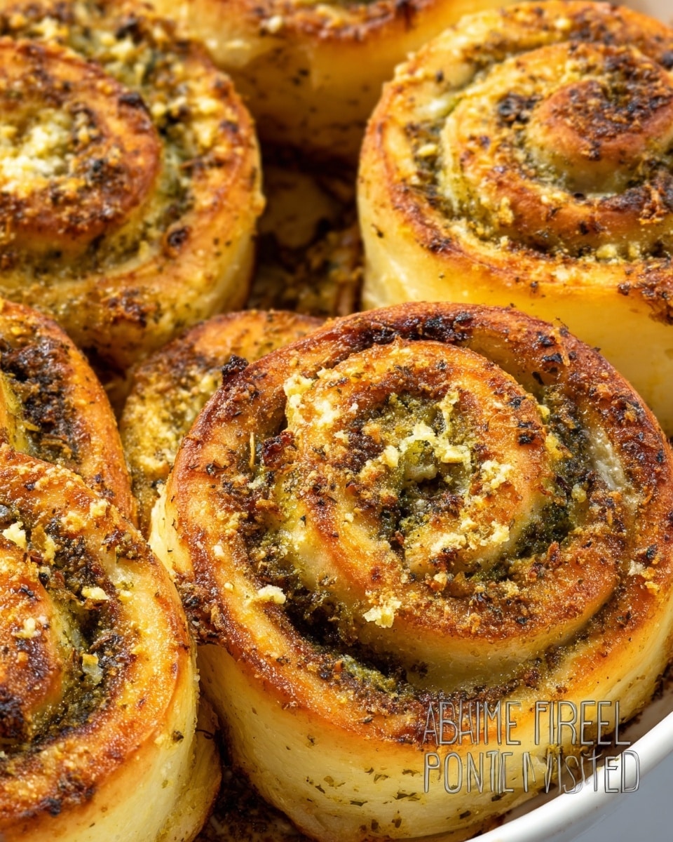 This image shows several baked pesto pinwheels closely packed together in a white dish. Each pinwheel has two main layers: a golden-brown outer dough with a slight crisp and a darker green pesto filling swirled inside. The top of the pinwheels is sprinkled with small bits of grated cheese that have baked to a light golden color, adding a crumbly texture. The pinwheels are thick, fluffy, and slightly browned on the edges with a textured surface from the baked cheese and herbs. The background is a white marbled surface, enhancing the warm colors of the baked dish. Photo taken with an iphone --ar 4:5 --v 7