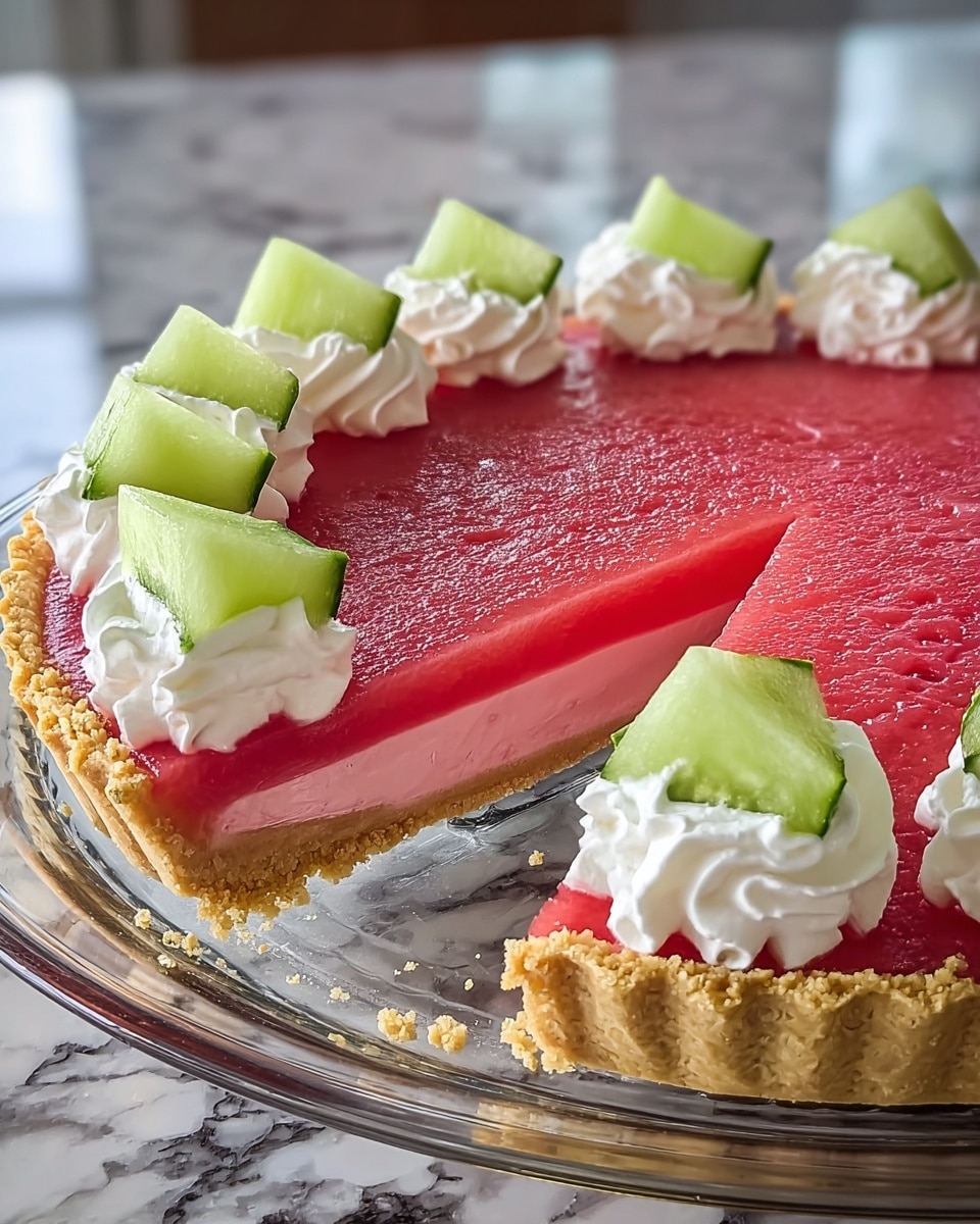 A slice of pie with three layers is shown on a white plate with a sunburst texture. The bottom layer is a light beige crust that looks crumbly and thick. Above that, there is a smooth, pale yellow layer, and on top of it, a thick, bright pink layer with a glossy and slightly uneven texture. The pie is topped with a generous swirl of white whipped cream that looks fluffy, and a single green slice of cucumber is placed at the back edge of the whipped cream. The pie sits on a white marbled countertop, and the background is softly blurred to keep the focus on the pie. Photo taken with an iphone --ar 4:5 --v 7