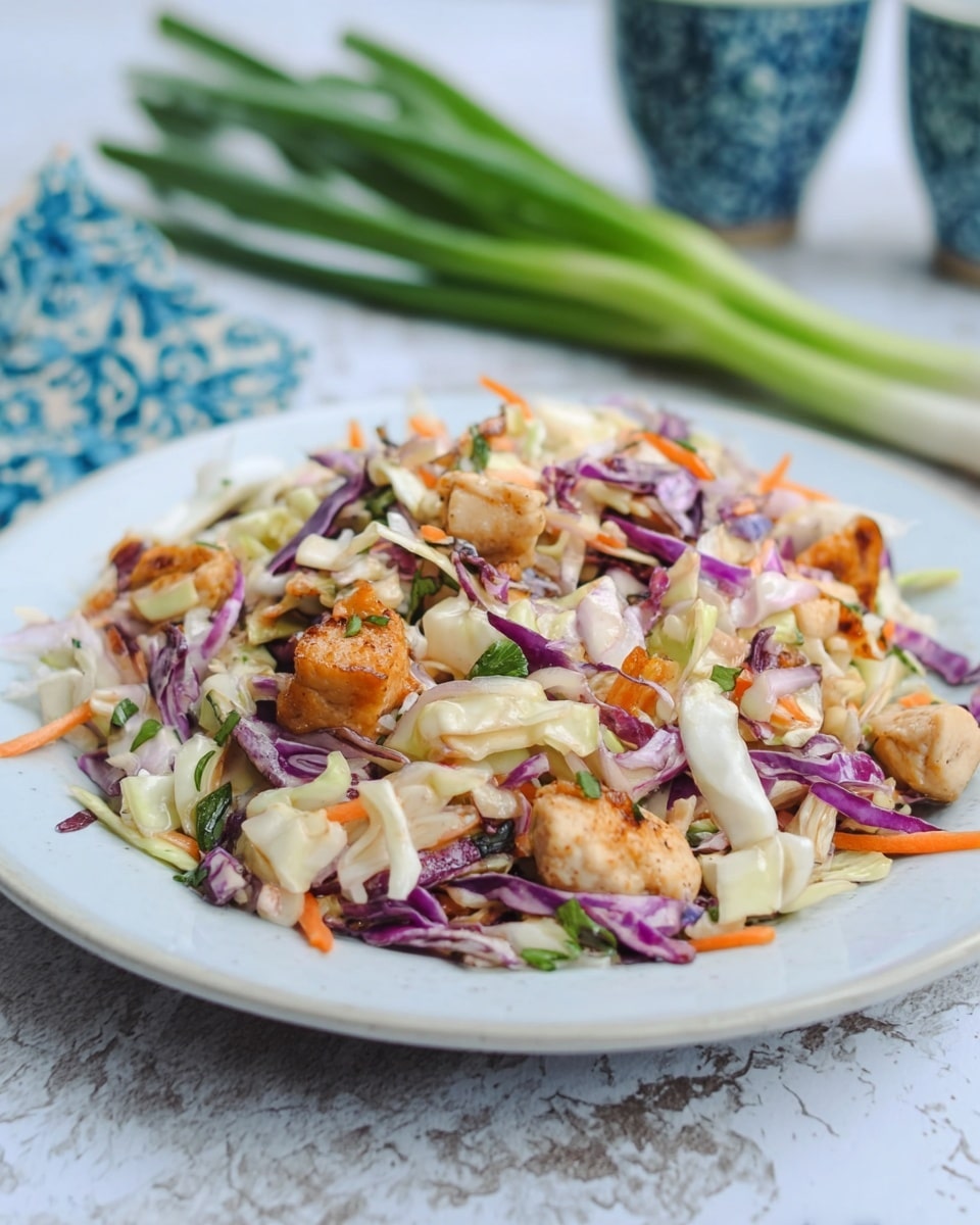 The image shows a white plate filled with a colorful salad mainly made of chopped cabbage in white and purple colors, mixed with small pieces of cooked chicken that are golden brown. The salad also includes thin orange carrot strips and bits of green herbs scattered throughout. The textures look fresh and slightly glossy, suggesting a light dressing. The plate is set on a surface with a white marbled texture, and in the background, there are green onions and two blue patterned cups. The scene feels fresh and bright. photo taken with an iphone --ar 4:5 --v 7