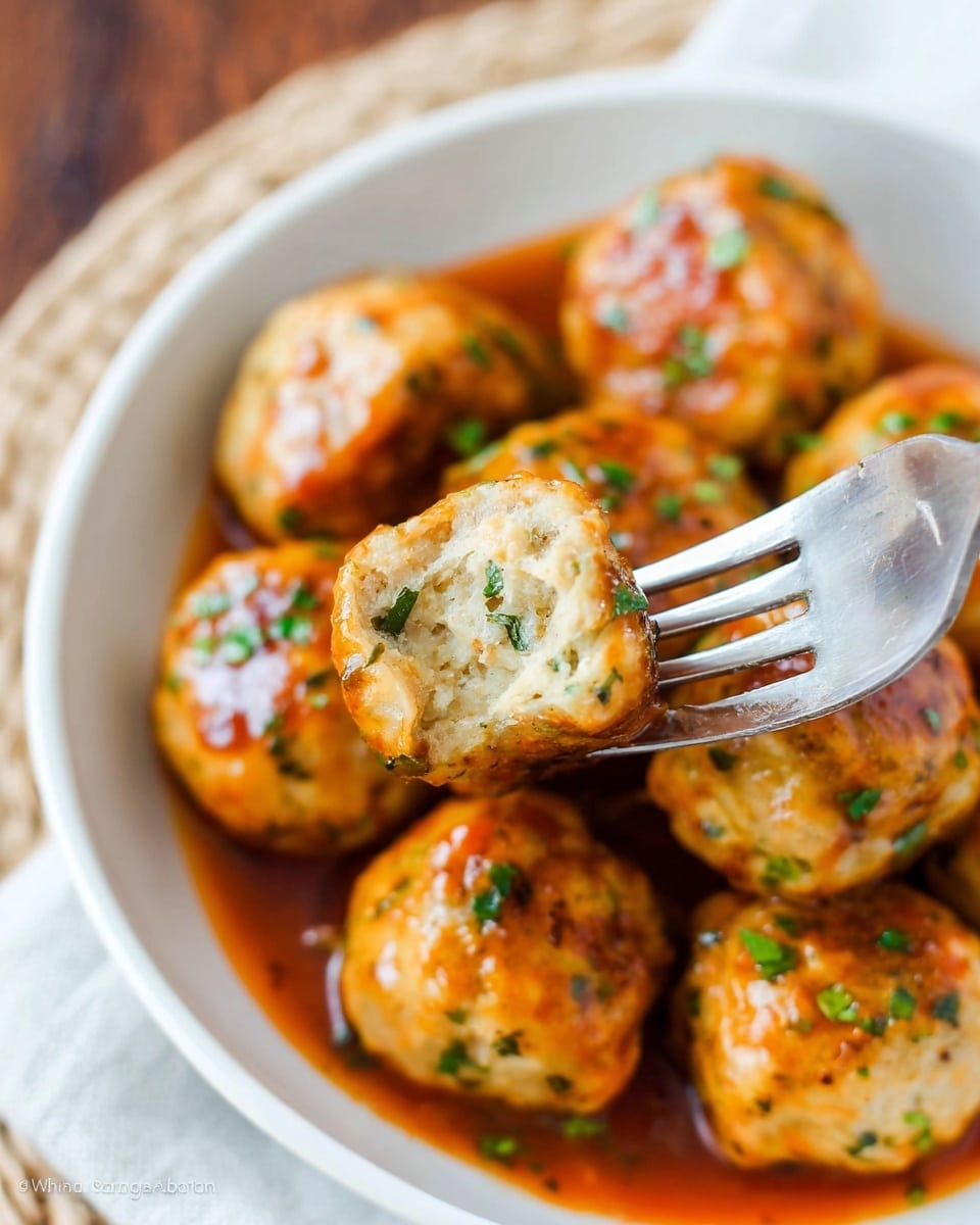 A close-up view shows small round meatballs with a golden brown outside, some topped with finely chopped green herbs, placed inside a white bowl filled with a reddish-brown sauce. The inside of one meatball is soft and light beige with small green flecks, held by a silver fork in the foreground. The white bowl is set on a white marbled surface with a woven texture partially visible underneath. photo taken with an iphone --ar 4:5 --v 7