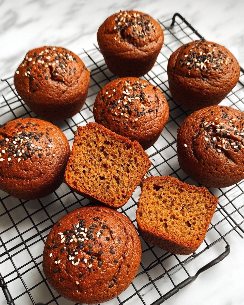 Nine brown muffins are arranged on a black wire cooling rack above a white marbled surface, with small cracks on their slightly domed tops that are sprinkled with black and white sesame seeds. One muffin is cut in half and placed in front, revealing a soft, moist interior with a rich brown color and a slightly crumbly texture. The muffins have a consistent round shape with slightly tapered bases. photo taken with an iphone --ar 4:5 --v 7