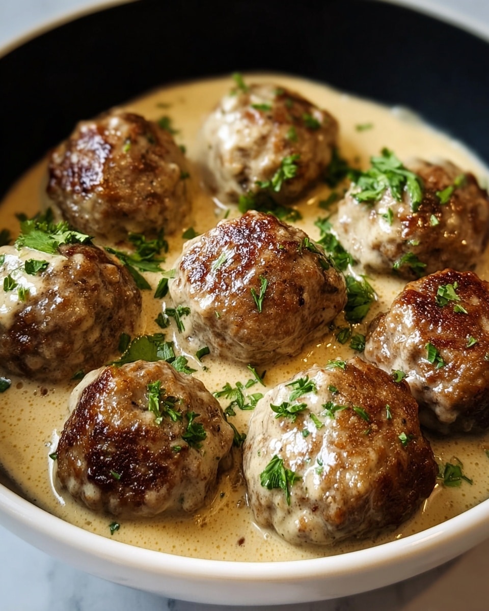 The image shows seven brown, round meatballs with a slightly crispy texture, covered in a creamy light beige sauce poured at the base and over the meatballs. Fresh green herb leaves are sprinkled on top of the meatballs and sauce, adding contrast. The meatballs rest in a smooth white bowl with a black inside rim, set on a white marbled surface. The overall look is warm and rich, with focus on the juicy, saucy meatballs. photo taken with an iphone --ar 4:5 --v 7