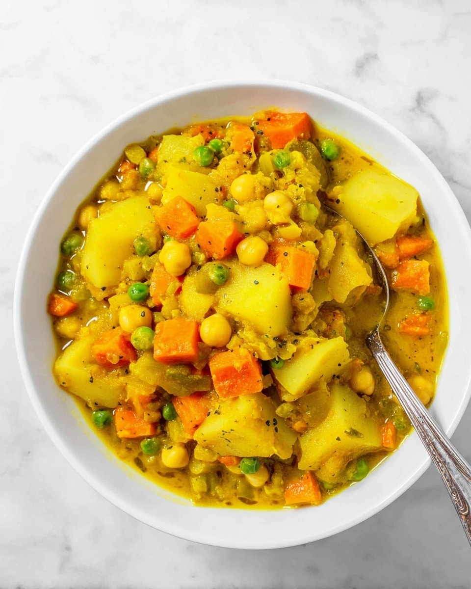A white bowl filled with a thick, colorful vegetable stew consisting of three main layers: large chunks of soft, yellow potatoes scattered throughout the dish, bright orange carrot cubes adding texture and color, and small, round green peas mixed evenly across the stew. The stew itself is a yellowish sauce that binds all the vegetables together, with visible small chickpeas adding a creamy texture. A silver spoon is partially submerged on the right side, resting inside the bowl. The bowl sits on a white marbled surface. Photo taken with an iphone --ar 4:5 --v 7