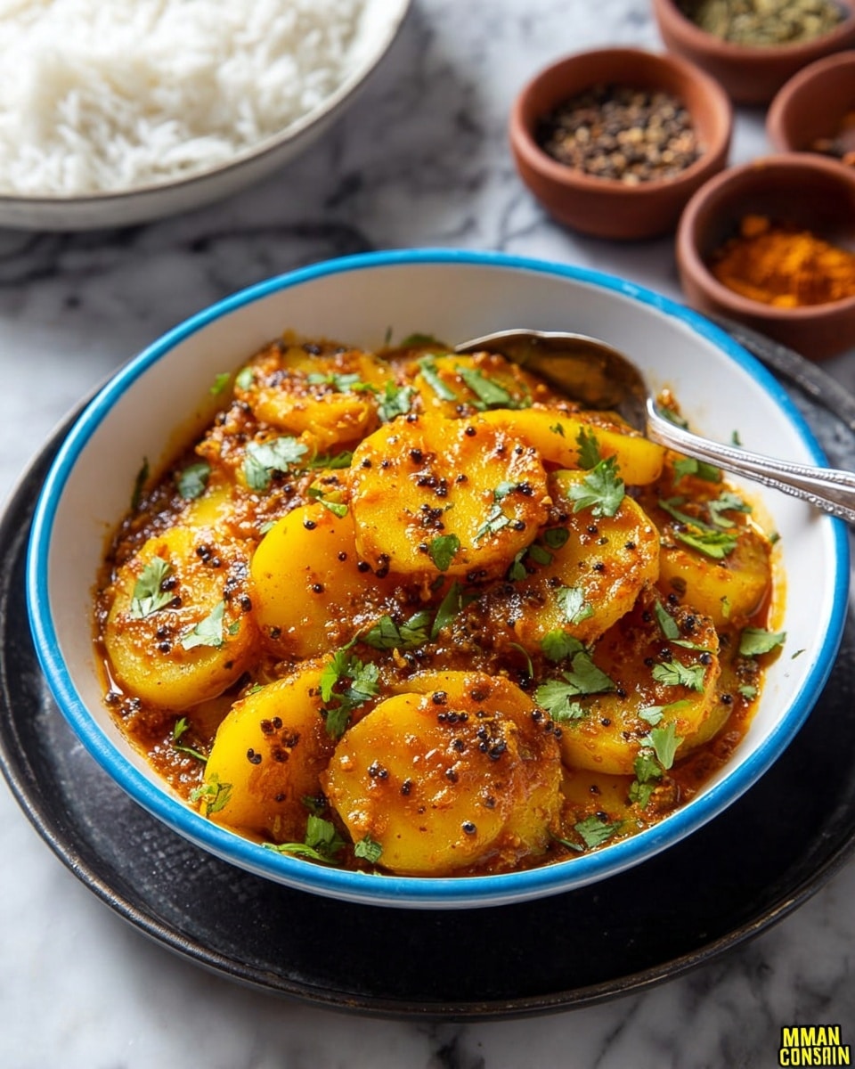 A bowl filled with a yellow potato curry, showing several thick potato slices coated in a rich, orange-brown sauce with visible spices and small black seeds. The curry is topped with fresh green coriander leaves scattered on the surface. The bowl is white inside with a blue outer side, placed on a dark tray. A silver spoon is partially inside the bowl. In the background, there is a white plate with plain white rice and small terracotta bowls with different ground spices on a white marbled surface. photo taken with an iphone --ar 4:5 --v 7
