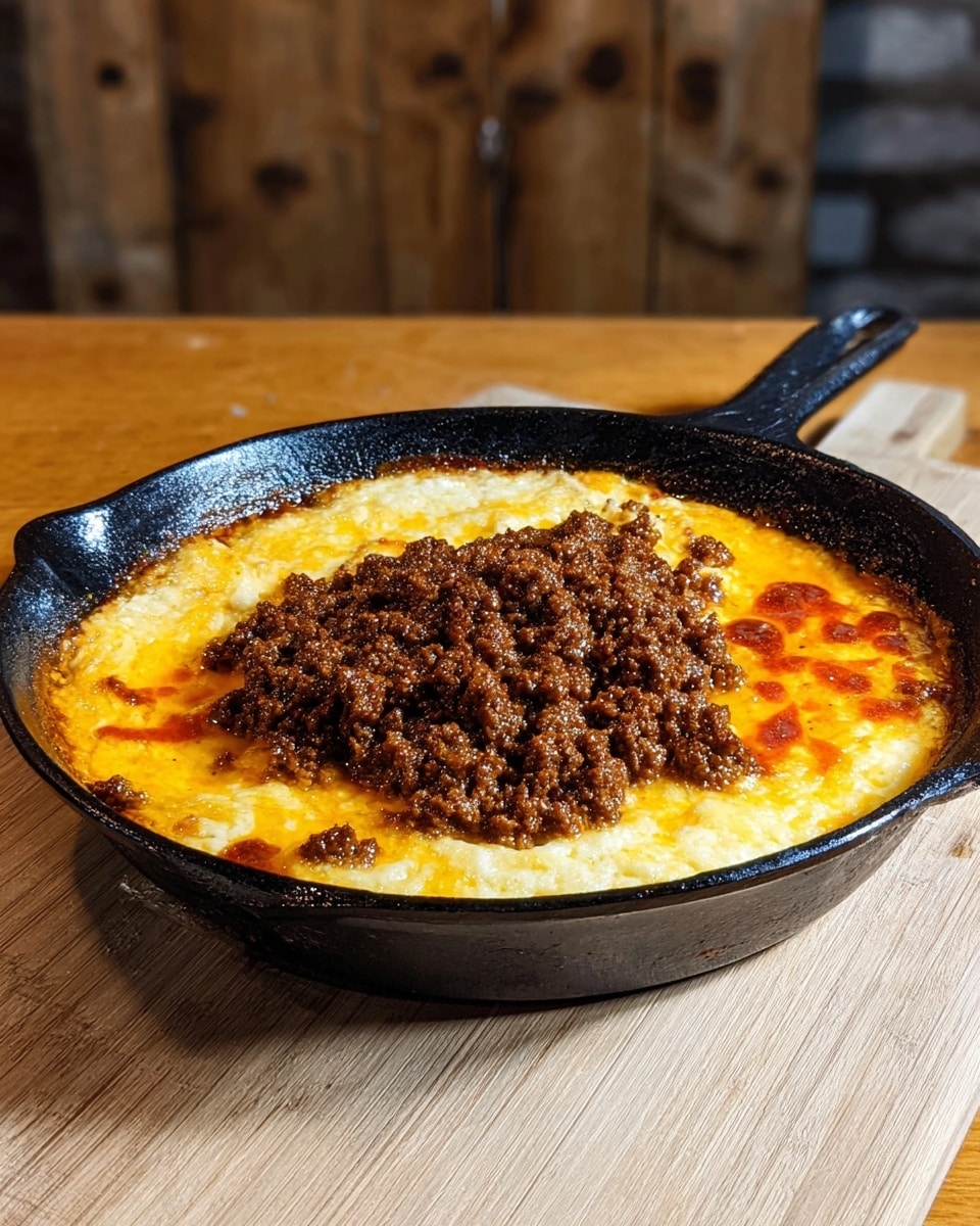 A black cast iron skillet filled with a dish that has two layers: the bottom layer is melted, creamy cheese with a smooth, golden-yellow surface mixed with some orange oily spots around the edges, and the top layer is a heap of finely crumbled, cooked ground meat in the center, dark brown in color with a slightly coarse texture. The skillet is placed on a light brown wooden cutting board, with the background showing a blurred wooden wall and a kitchen setting. photo taken with an iphone --ar 4:5 --v 7