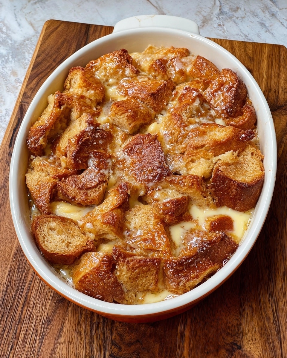The image shows a white oval baking dish filled with a bread pudding. The dish is packed with large, irregular pieces of golden brown bread that have a slightly crispy and crusty texture on top. The bread pieces are soaked in a creamy, pale yellow custard that fills the gaps between them, with a glossy and slightly shiny surface from baked butter or syrup. The edges of the bread have some light brown spots, showing where the pudding has caramelized. The dish is placed on a wooden cutting board with a white marbled texture background behind it. Photo taken with an iphone --ar 4:5 --v 7