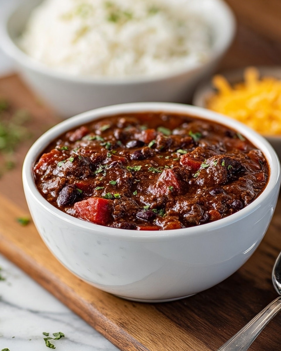 A white bowl filled with rich dark brown chili, showing chunks of beef, red tomatoes, and black beans mixed in a thick sauce, sprinkled with small green herbs on top. Behind it, there is a white bowl with plain white rice, both bowls placed on a wooden surface with some yellow shredded cheese scattered around. A silver spoon lies near the chili bowl on the white marbled textured surface. photo taken with an iphone --ar 4:5 --v 7