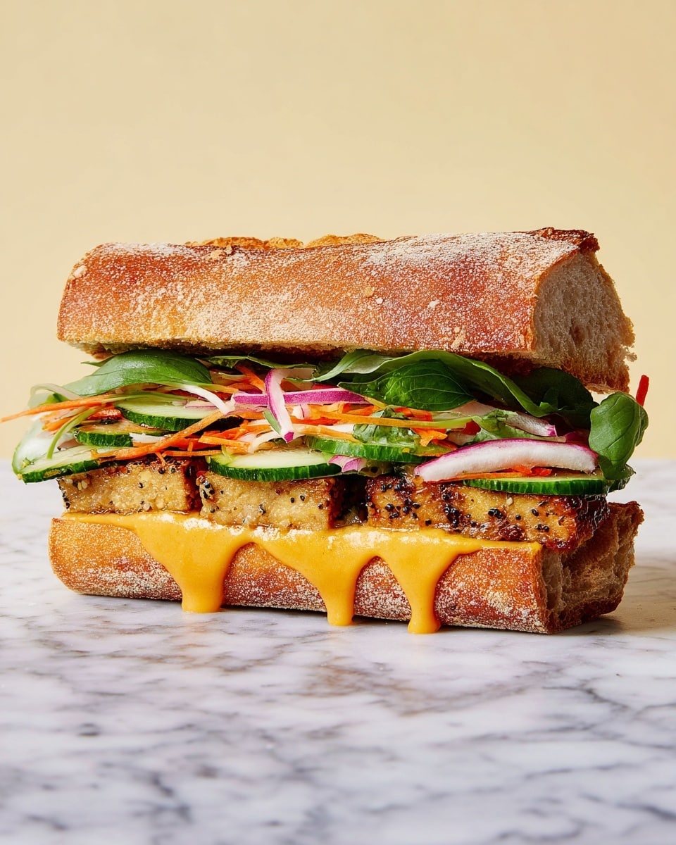 This sandwich shows a toasted baguette with a crunchy, golden-brown crust on top and bottom as the outer layers. Inside, the bottom layer is a smooth, melted orange cheese sauce dripping slightly over the bread. Above the cheese, there are two thick pieces of grilled tofu with a crispy speckled crust. On top of the tofu, there’s a mix of shredded carrots, white radish, and thin purple onion slices, adding color and texture. Above that, there are dark green fresh basil leaves and thin cucumber slices layered close to the top bread. The background is a white marbled texture. photo taken with an iphone --ar 4:5 --v 7