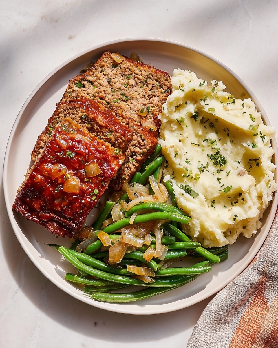 A white plate on a white marbled surface holds a meal with four main parts arranged clearly: at the top right, there is a smooth yellowish mashed potato serving with a creamy texture; to the left of the mashed potatoes, bright green peas create a round shaped pile with a shiny, fresh look; at the bottom right, two thick slices of brown meatloaf sit next to each other, showing a coarse, crumbly texture inside and covered slightly with brown gravy; to the left of the meatloaf, there is a bright purple beet salad with a creamy and chunky texture, creating a colorful contrast. Photo taken with an iphone --ar 4:5 --v 7