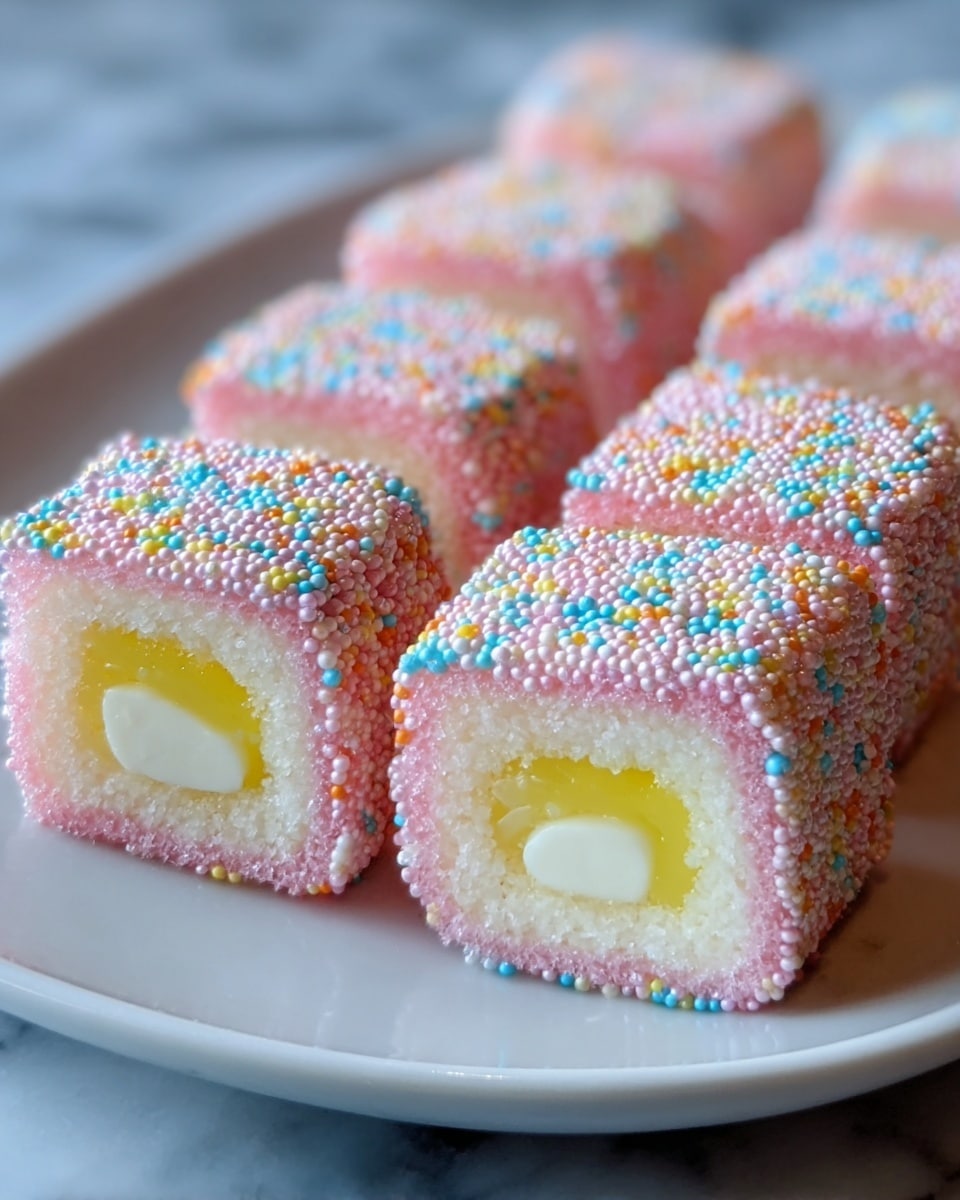 A white plate with blue patterns holds eight square pieces of colorful sushi arranged in two rows of four. Each sushi piece has four visible layers: a pink outer coating made of tiny round sprinkles with a rough texture, a white rice layer just inside the sprinkles, and in the center, a three-part filling with blue, yellow, and pink sections stacked side by side. The sushi pieces have neat edges and appear soft and fresh. A woman's hand is seen holding the plate from the left side against a blurred background with soft lighting. The surface below has a white marbled texture. photo taken with an iphone --ar 4:5 --v 7