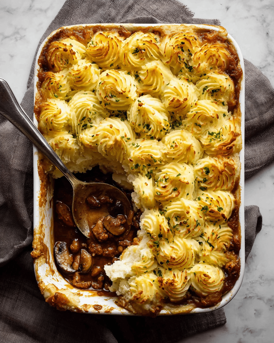 A white baking dish filled with a shepherd’s pie, showing two layers: the top layer is golden and fluffy mashed potatoes swirled into small rosettes sprinkled with green herbs, with the edges slightly browned and crispy; the bottom layer is rich, dark brown meat gravy with chunks of mushrooms and meat visible where a portion has been scooped out. A metal spoon with some of the meat mixture rests inside the baking dish. The dish sits on a gray cloth on a white marbled surface. photo taken with an iphone --ar 4:5 --v 7