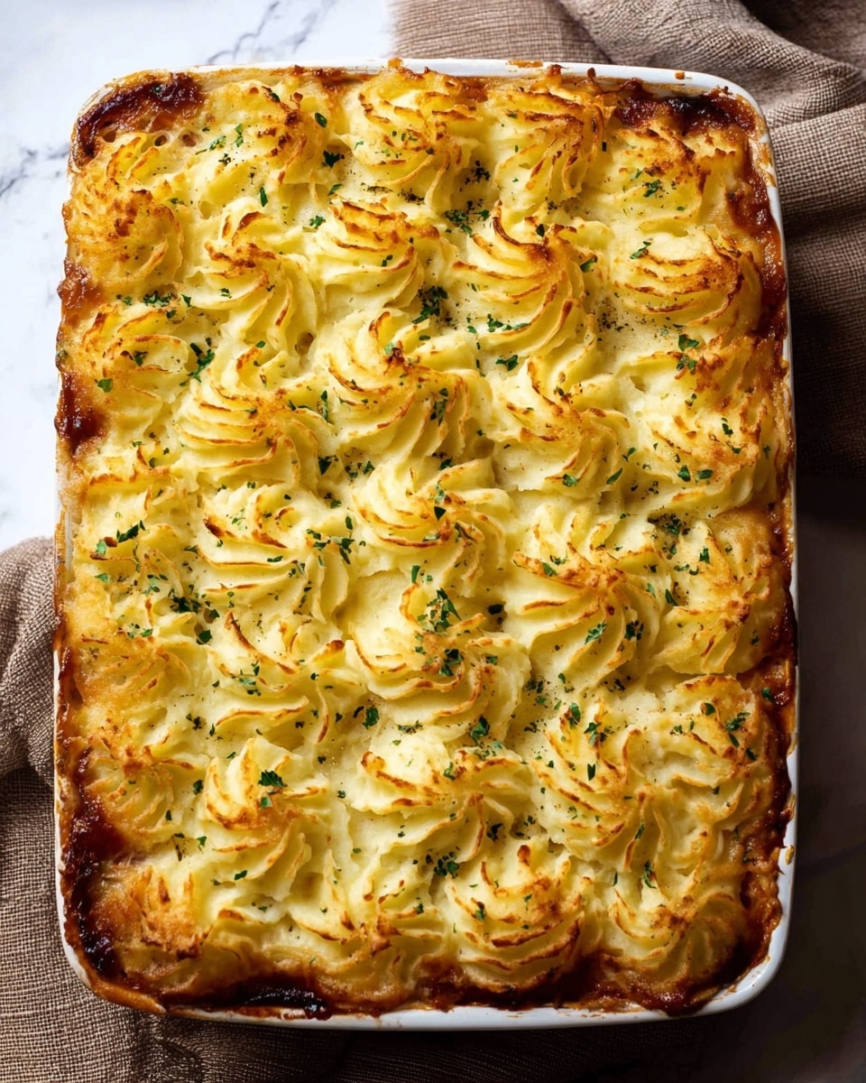 The image shows a baked dish in a white square baking dish with slightly rounded corners, filled with neatly piped, golden-brown mashed potato swirls arranged closely in rows covering the entire surface. The mashed potato swirls have slightly browned tips and a creamy texture, with small green herbs sprinkled evenly on top. The edges of the dish have some darker brown spots where the filling has bubbled up and caramelized a bit. The baking dish is placed on a light brown cloth on a white marbled surface. photo taken with an iphone --ar 4:5 --v 7