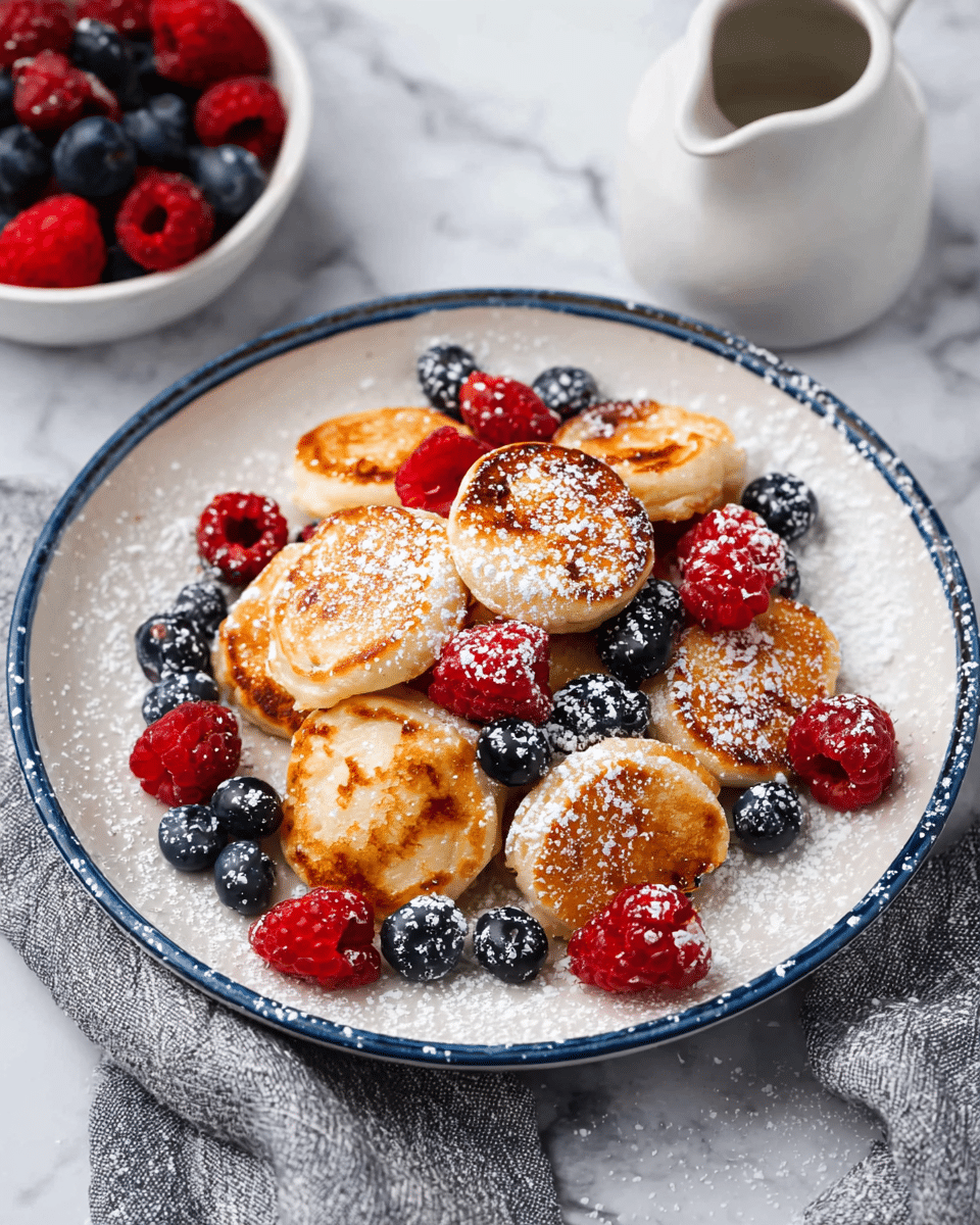 A white plate with a blue rim is filled with two layers of small, round golden-brown mini pancakes that have a slightly crispy texture on top. Scattered on and around the pancakes are fresh red raspberries and dark blue blueberries, adding bright color contrast. The whole dish is lightly dusted with white powdered sugar, giving a soft, snowy look. Around the plate is a white marbled surface with a grey cloth underneath. In the background, a small white pitcher and a white bowl full of more raspberries and blueberries can be seen. photo taken with an iphone --ar 4:5 --v 7