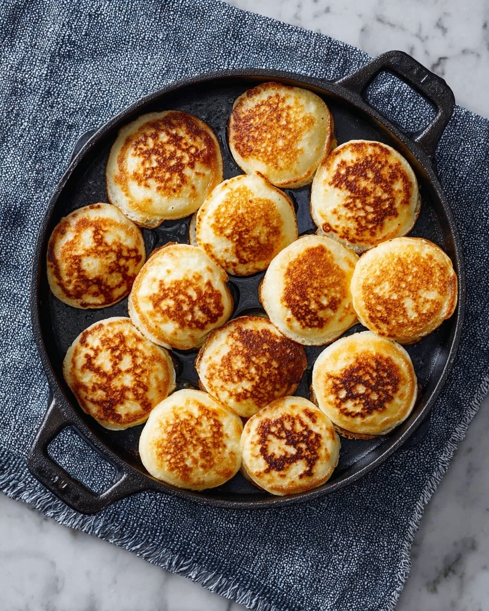 A black cast iron pan with two handles holds 15 round, golden-brown pancakes cooked in the pan's shallow circular molds. The pancakes are small and puffy, each showing a toasted, uneven surface with crispy, browned spots, and soft white edges where the batter overflowed slightly. The pan sits on a textured blue cloth, placed on a white marble surface. photo taken with an iphone --ar 4:5 --v 7