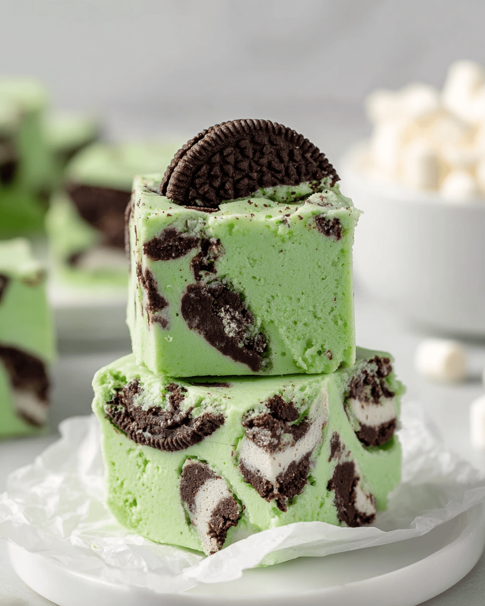 The image shows two thick square pieces of green fudge stacked on top of each other on a white plate with a crumpled white paper. The fudge has a smooth, creamy texture with embedded dark brown and white sandwich cookie pieces scattered throughout each piece. The top piece displays a large half cookie slightly pressed into the green fudge, adding contrast. The background features a blurry white marbled texture and a white bowl filled with more small white pieces, creating a clean and bright setting. photo taken with an iphone --ar 4:5 --v 7