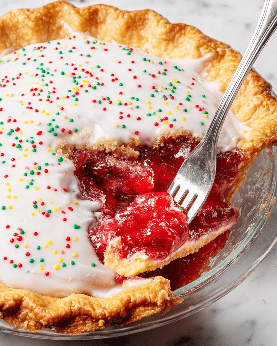 The image shows a round pie with three visible layers. The bottom layer is a golden-brown, flaky crust that edges the pie in a neat crimped shape. The middle layer is thick, deep red fruit filling with a glossy texture, likely made from berries or cherries, and it looks juicy and slightly chunky. The top layer is a smooth white icing covered with small red, green, and a few yellow sugar sprinkles scattered evenly across its surface. A silver fork is cutting into the pie, lifting a piece and revealing the bright red filling. The pie is served in a clear glass pie dish, set on a white marbled textured surface. Photo taken with an iphone --ar 4:5 --v 7
