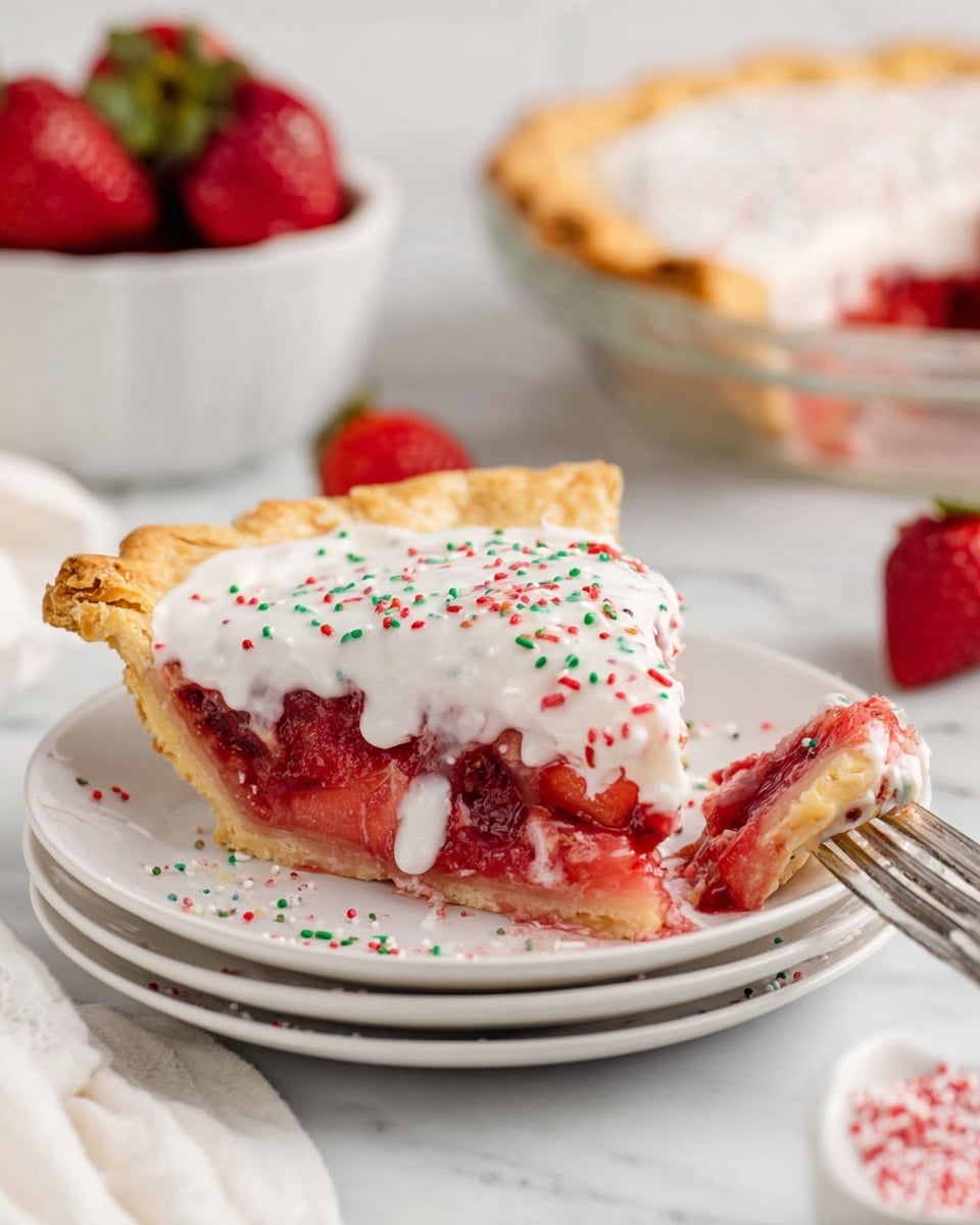 A slice of strawberry pie is shown on a white plate, placed on a white marbled surface. The pie has three clear layers: a golden-brown flaky crust on top and bottom, and a thick, bright red strawberry filling in the middle with visible chunks of strawberries. The top crust is covered with a smooth white icing that is slightly dripping down the sides, decorated with small red, green, and white sprinkles. A silver fork rests on the plate, holding a bite of pie coated with the white icing and sprinkles. In the background, a white bowl filled with whole and halved strawberries and a glass pie dish with the full pie are visible. Photo taken with an iphone --ar 4:5 --v 7